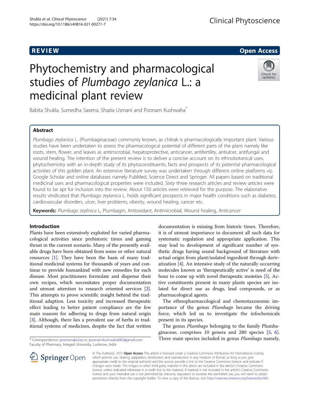 Phytochemistry and Pharmacological Studies of Plumbago Zeylanica L.: a Medicinal Plant Review Babita Shukla, Sumedha Saxena, Shazia Usmani and Poonam Kushwaha*