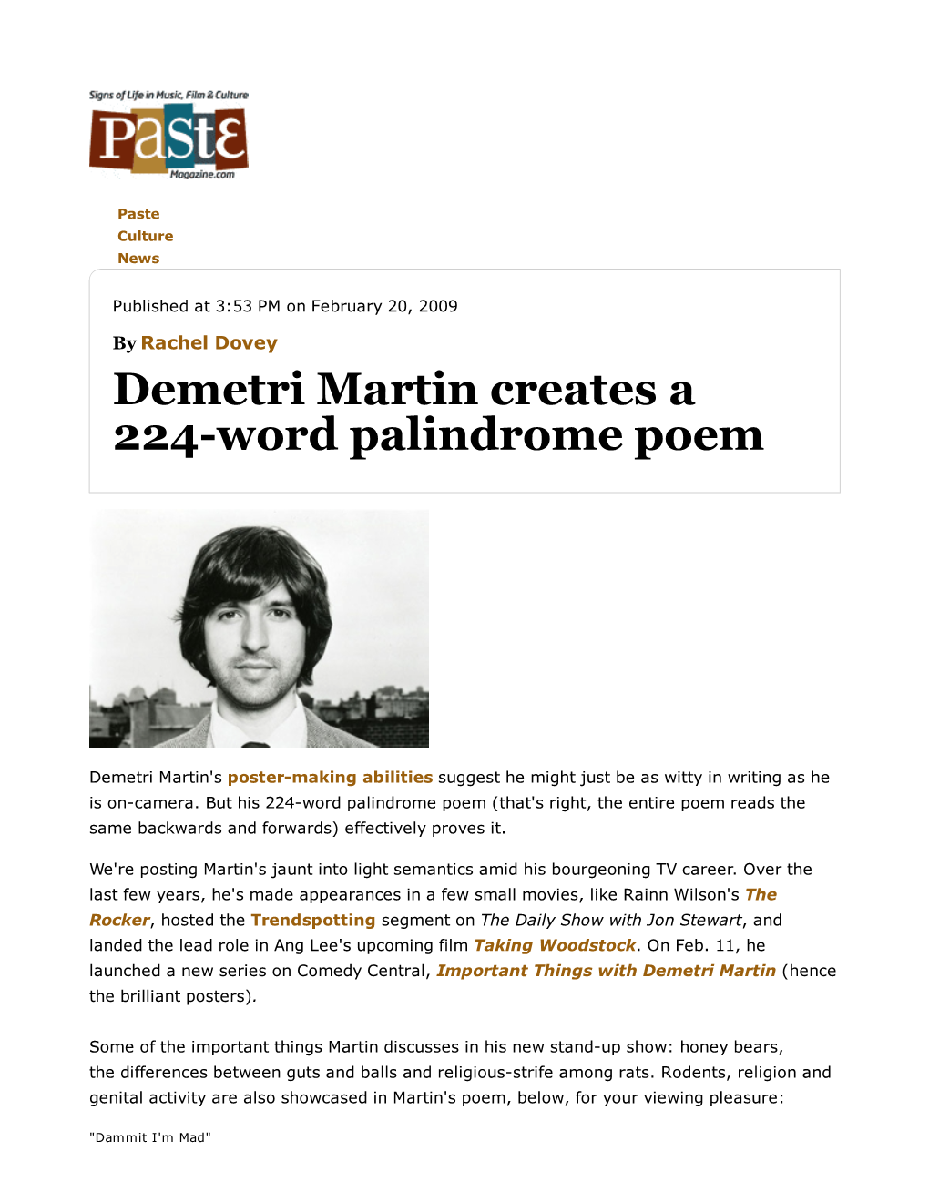 Demetri Martin Creates a 224-Word Palindrome Poem :: Culture :: News