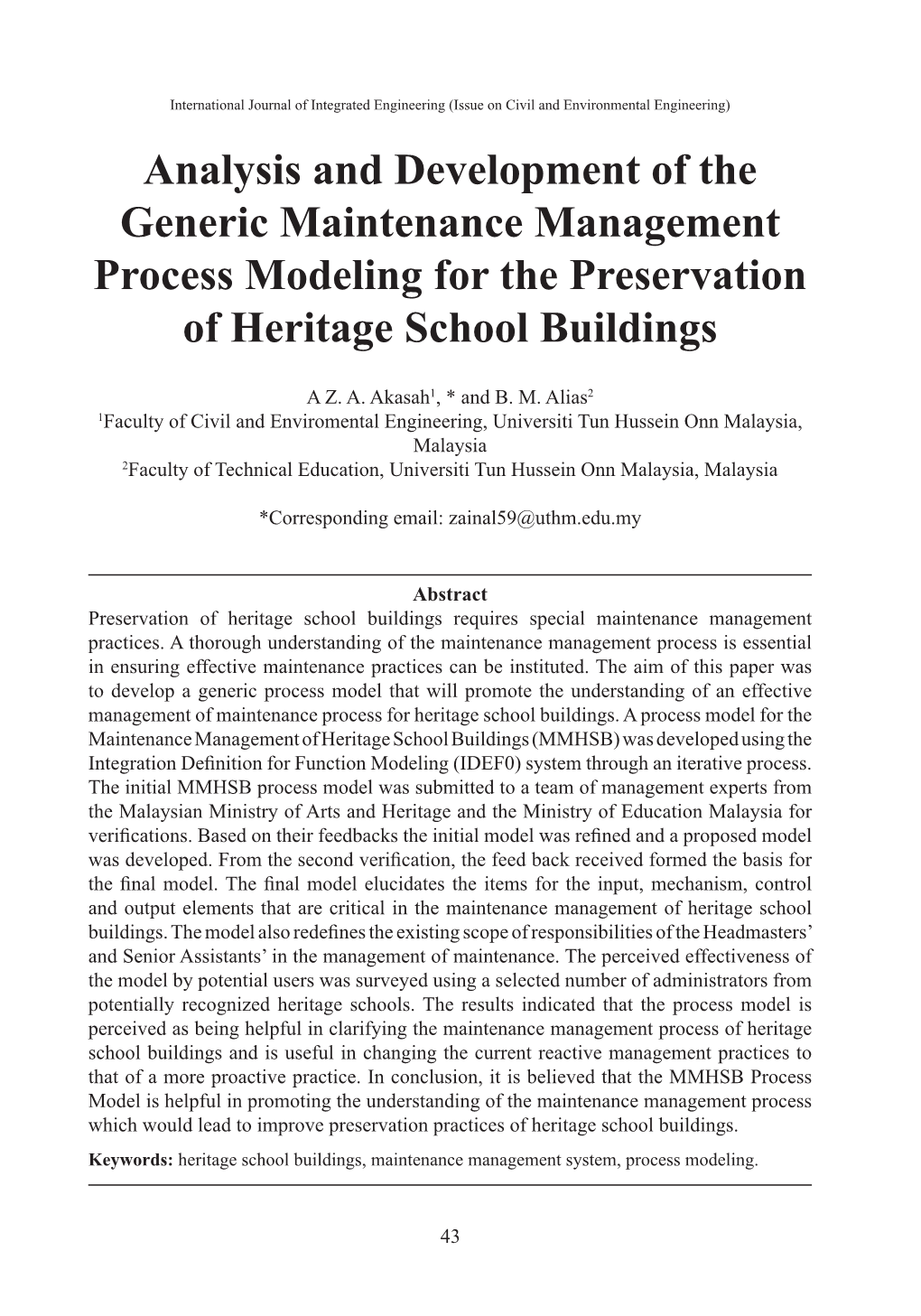 Analysis and Development of the Generic Maintenance Management Process Modeling for the Preservation of Heritage School Buildings