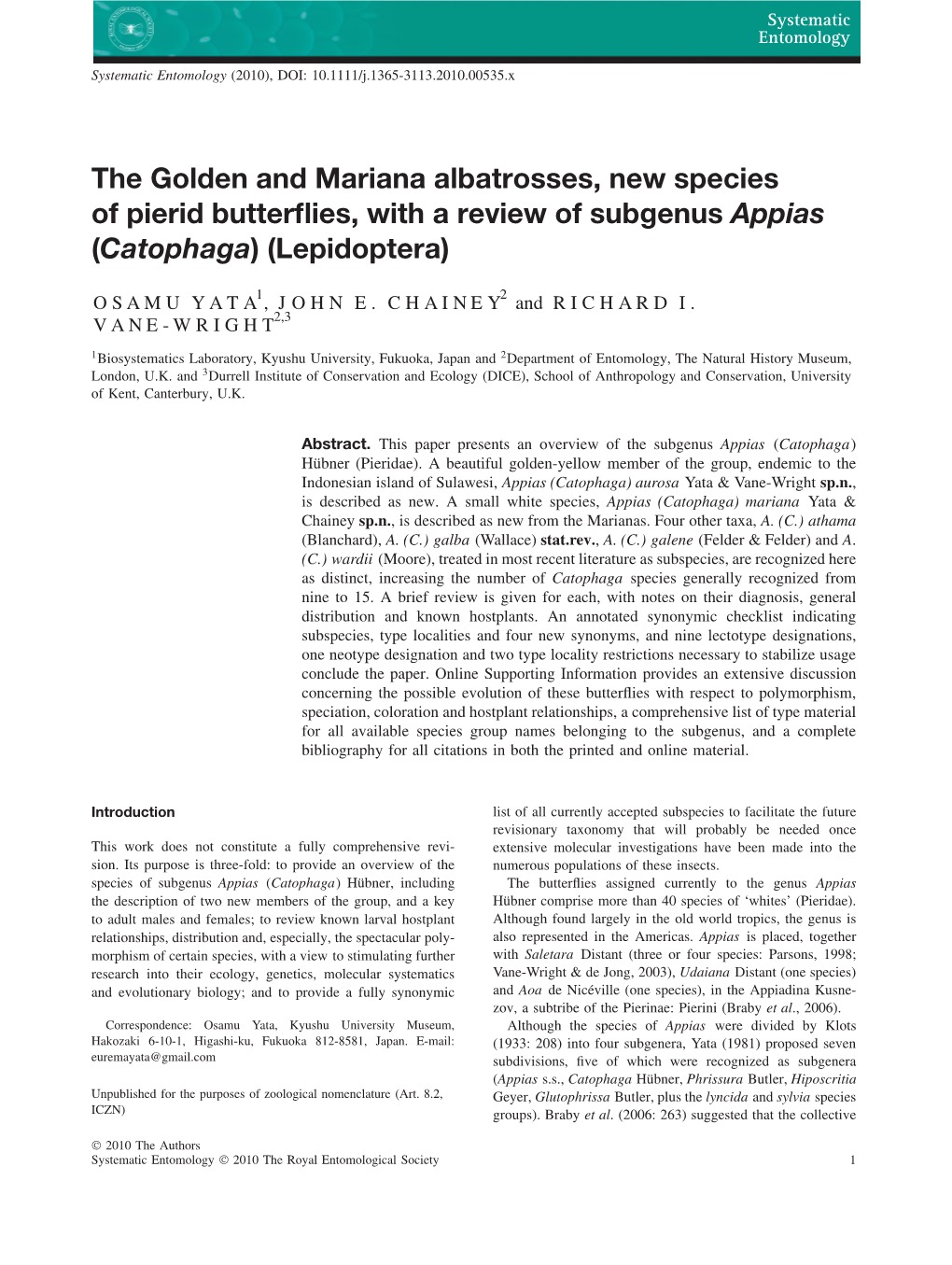 The Golden and Mariana Albatrosses, New Species of Pierid Butterflies, with a Review of Subgenus Appias (Catophaga) (Lepidoptera), Systematic Entomology, 35