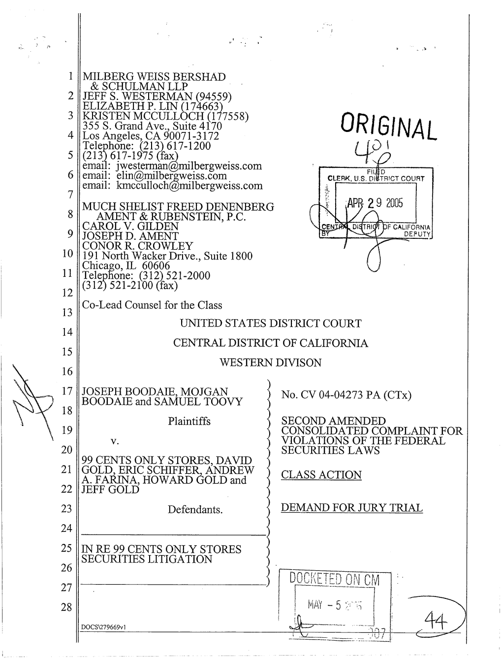 In Re: 99 Cents Only Stores Securities Litigation 04-CV-04273-Second