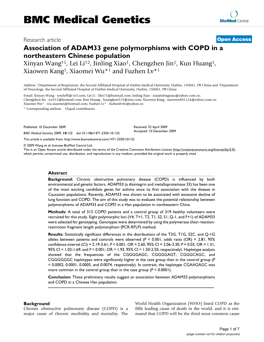 Association of ADAM33 Gene Polymorphisms with COPD in A