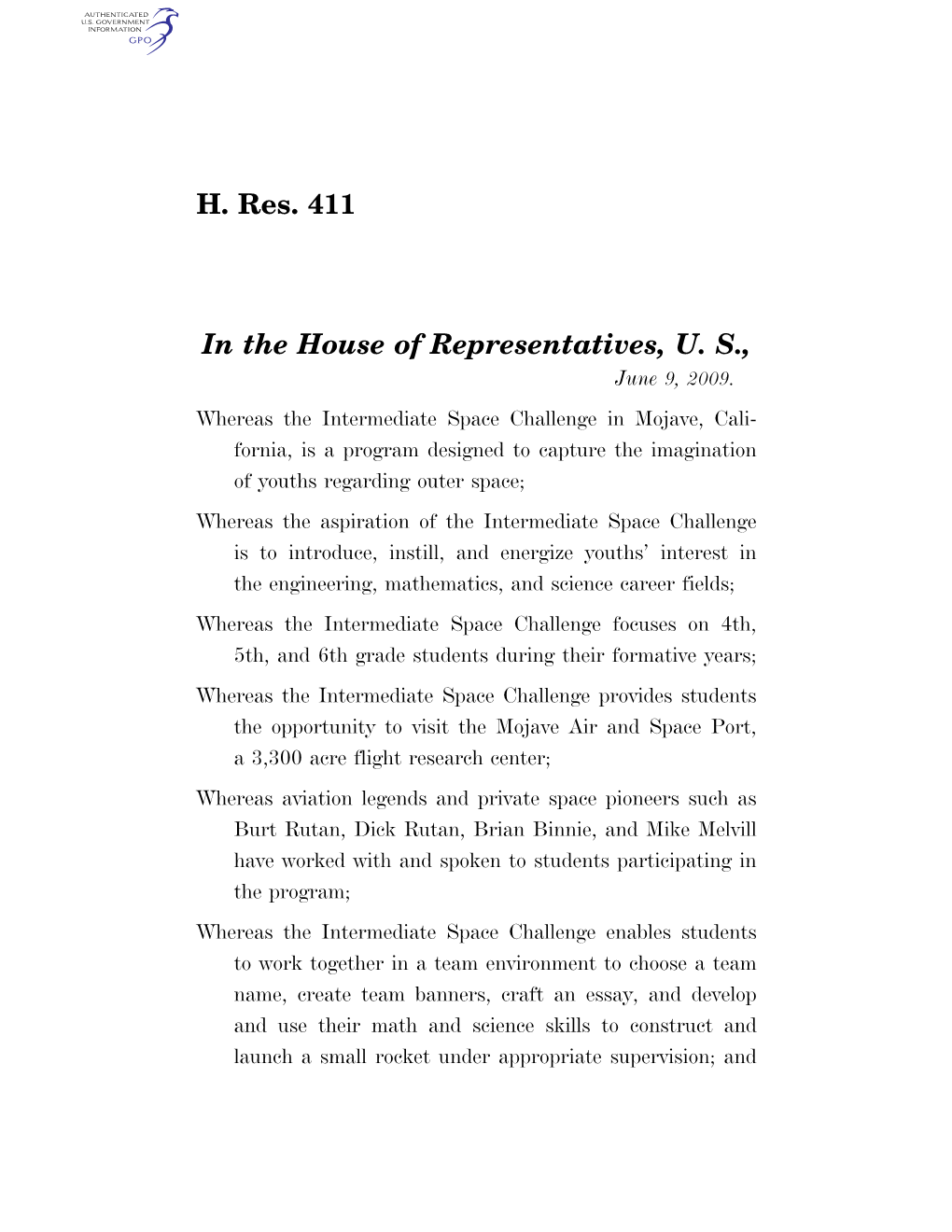H. Res. 411 in the House of Representatives, U
