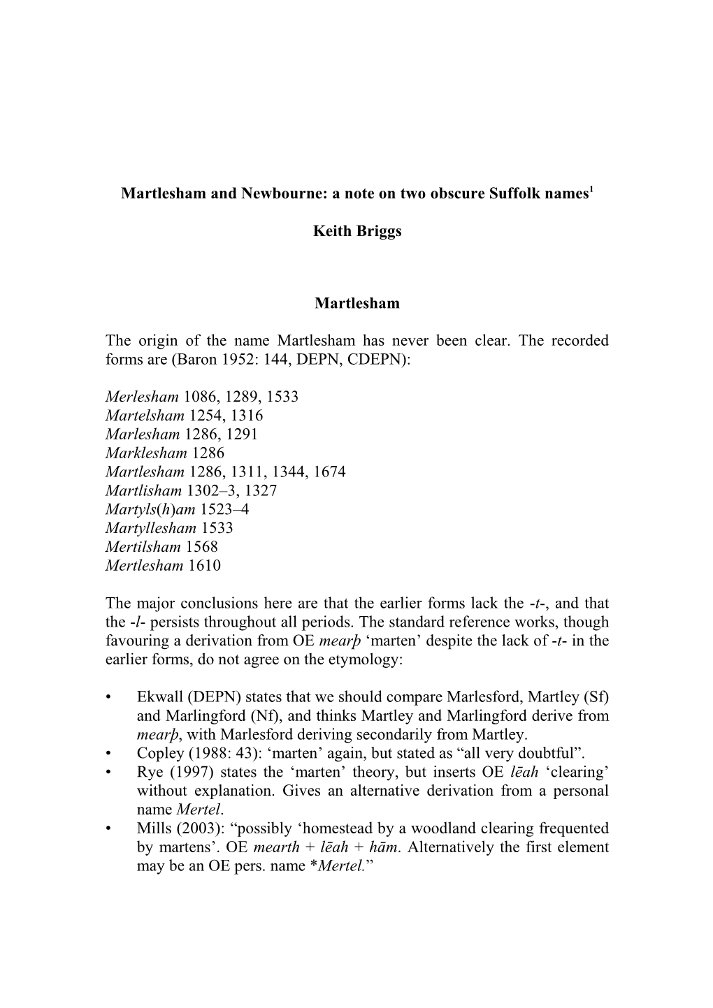 Martlesham and Newbourne: a Note on Two Obscure Suffolk Names1