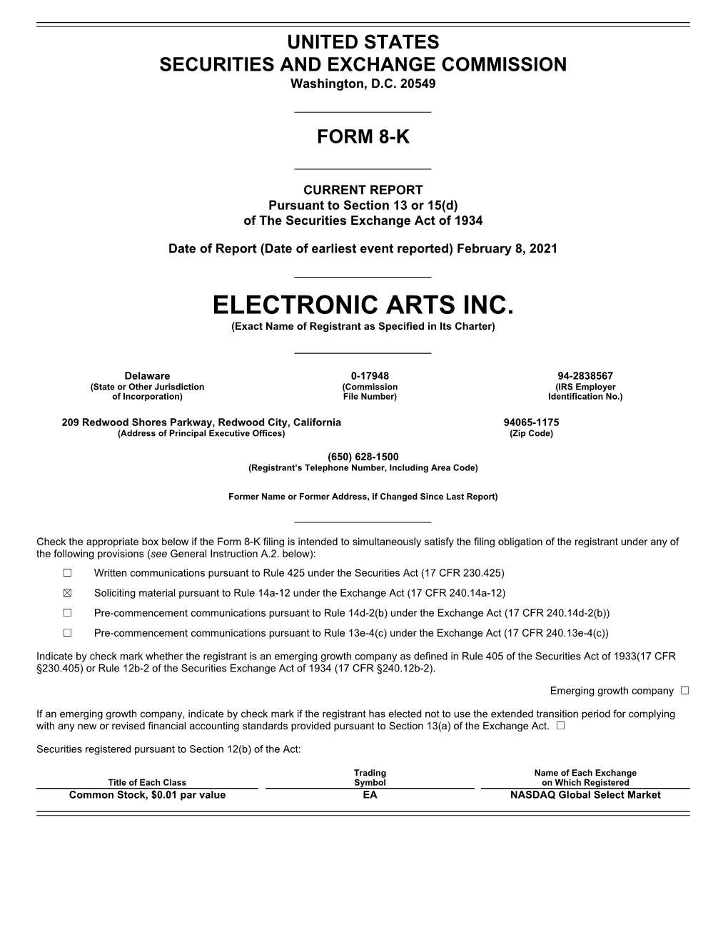 ELECTRONIC ARTS INC. (Exact Name of Registrant As Specified in Its Charter)