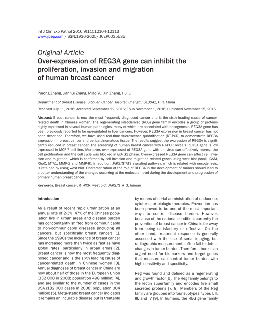 Original Article Over-Expression of REG3A Gene Can Inhibit the Proliferation, Invasion and Migration of Human Breast Cancer