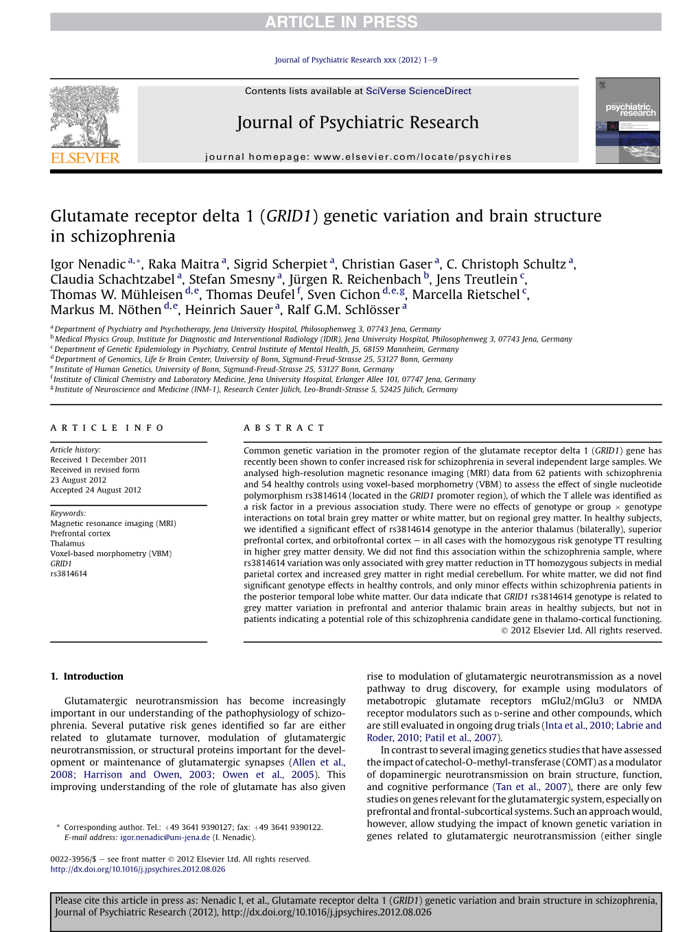 Glutamate Receptor Delta 1 (GRID1) Genetic Variation and Brain Structure in Schizophrenia
