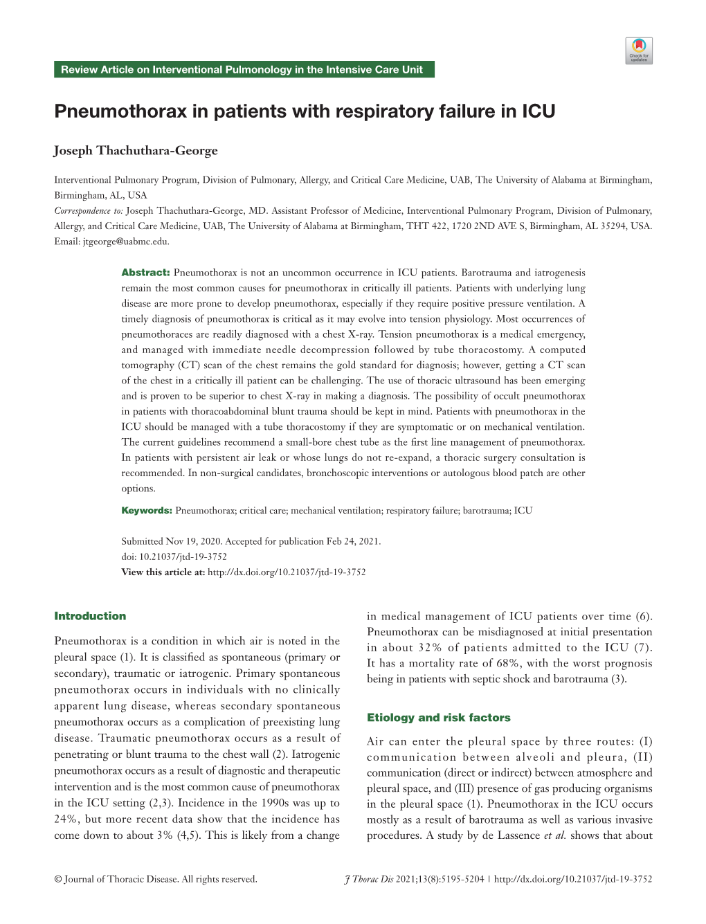 Pneumothorax in Patients with Respiratory Failure in ICU