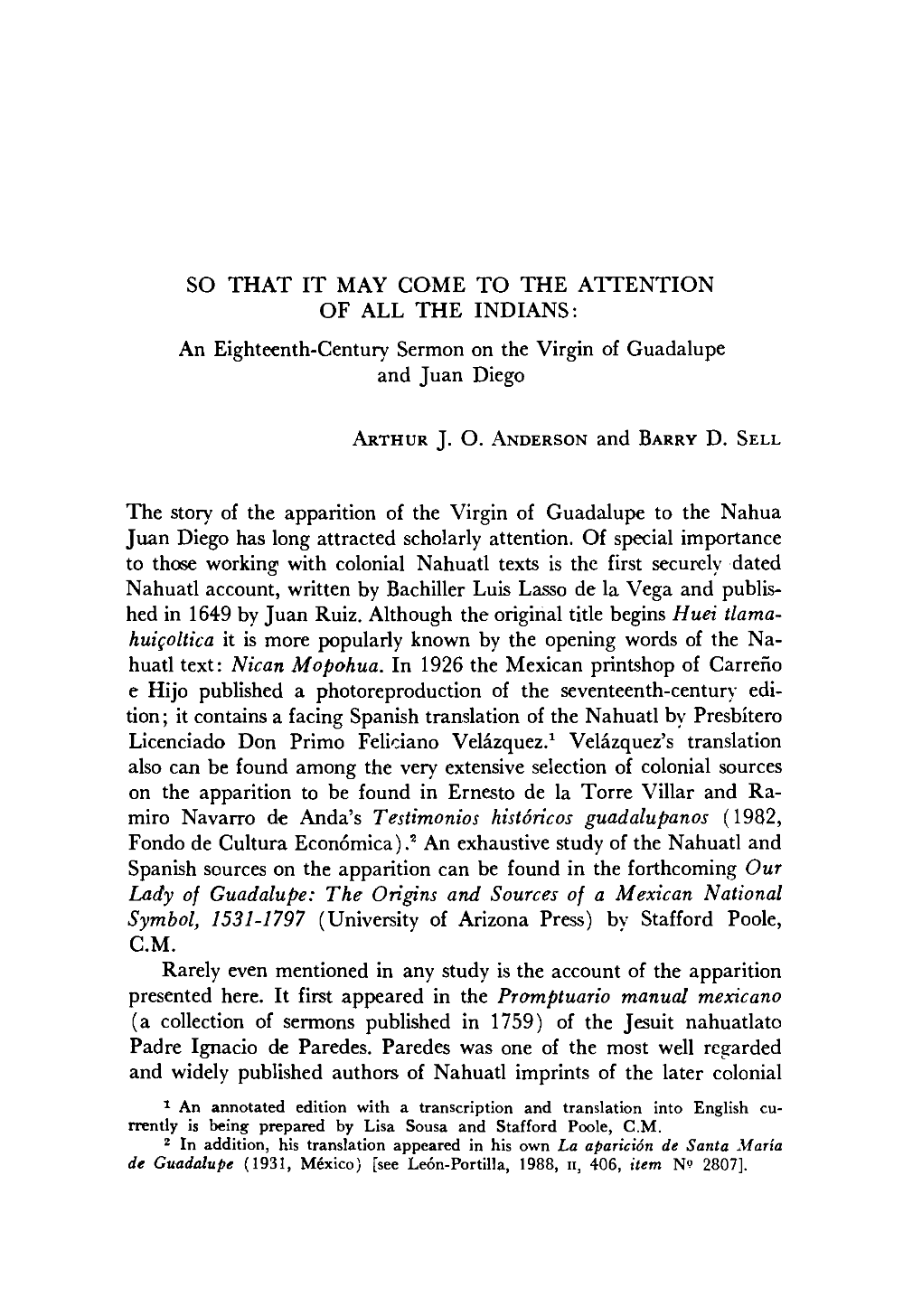 An Eighteenth-Century Sermon on the Virgin Oí Guadalupe and Juan Diego