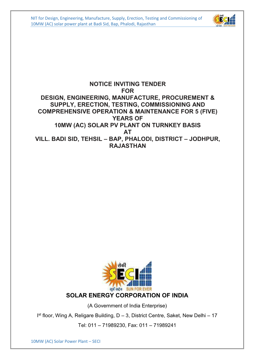 Notice Inviting Tender for Design, Engineering