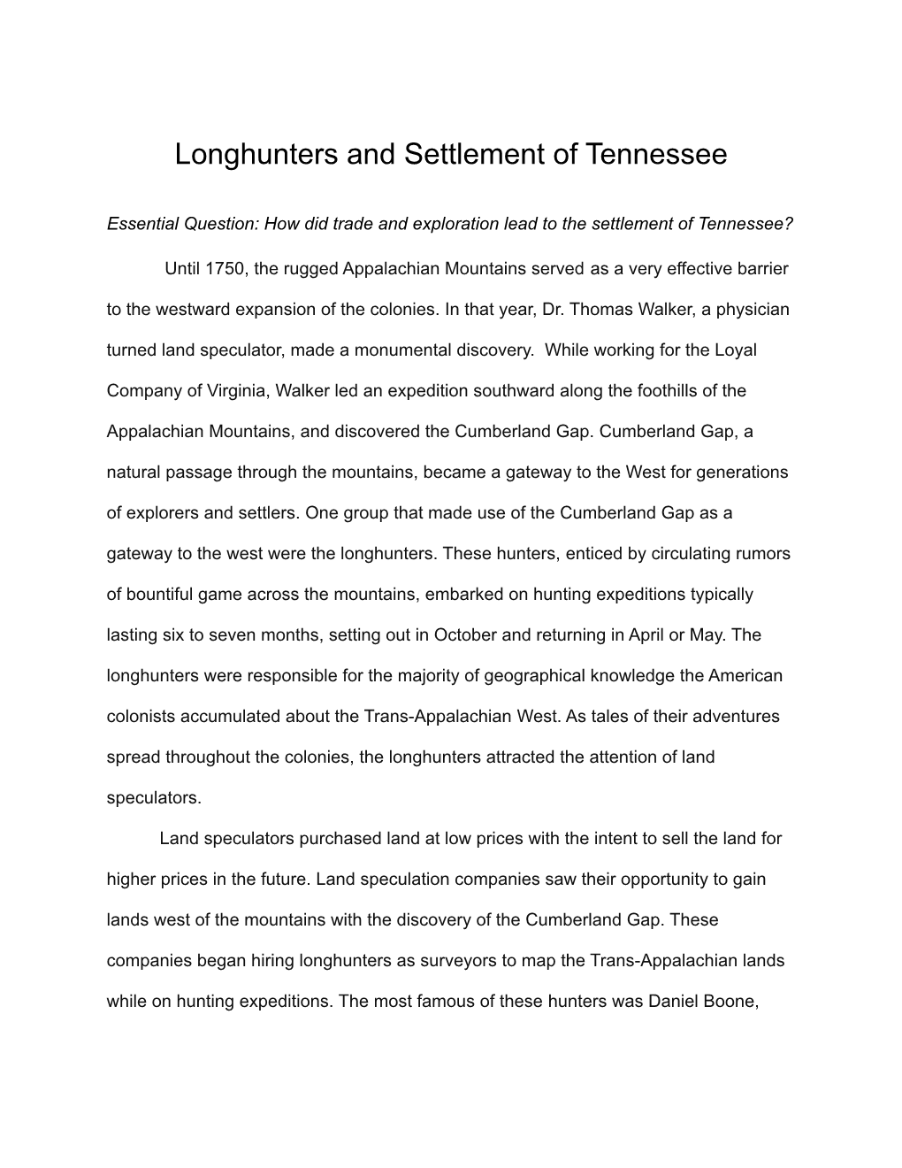 21 Longhunters and Settlement of Tennessee