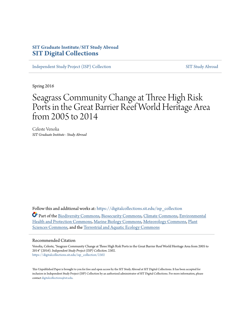 Seagrass Community Change at Three High Risk Ports in the Great