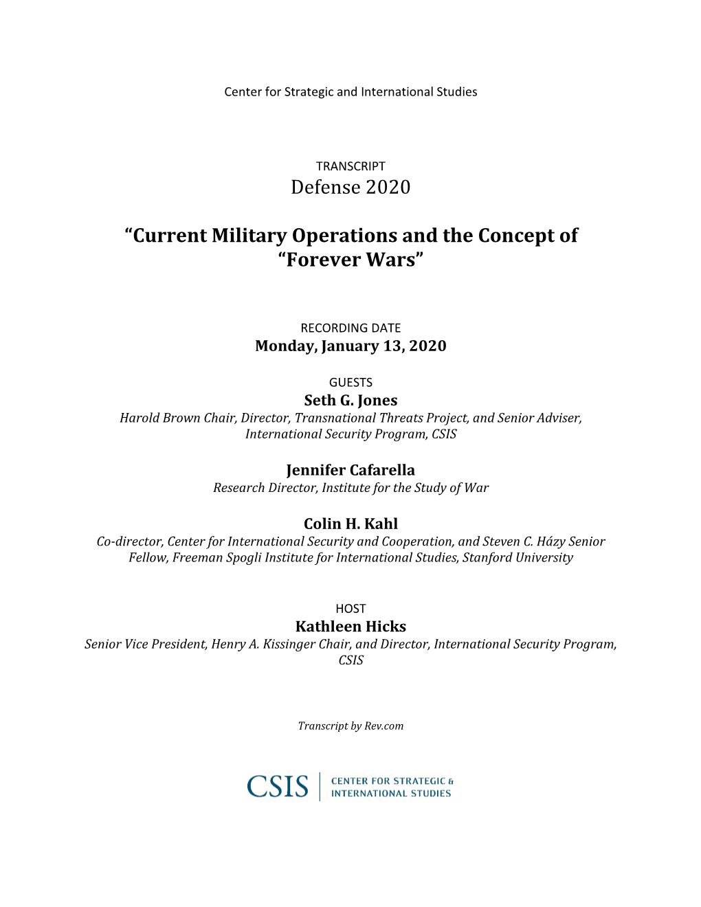 Defense 2020 “Current Military Operations and the Concept of “