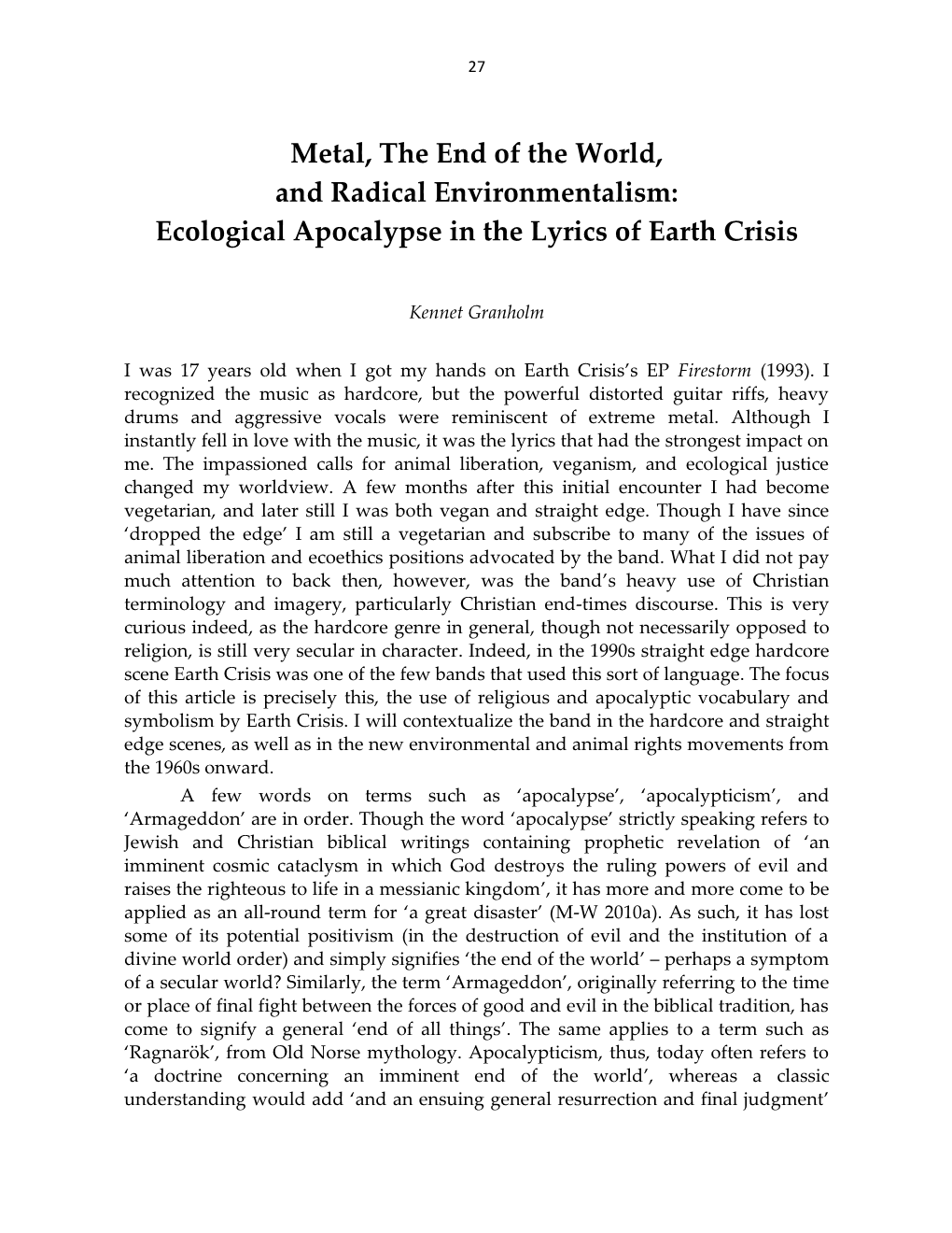 Metal, the End of the World, and Radical Environmentalism: Ecological Apocalypse in the Lyrics of Earth Crisis