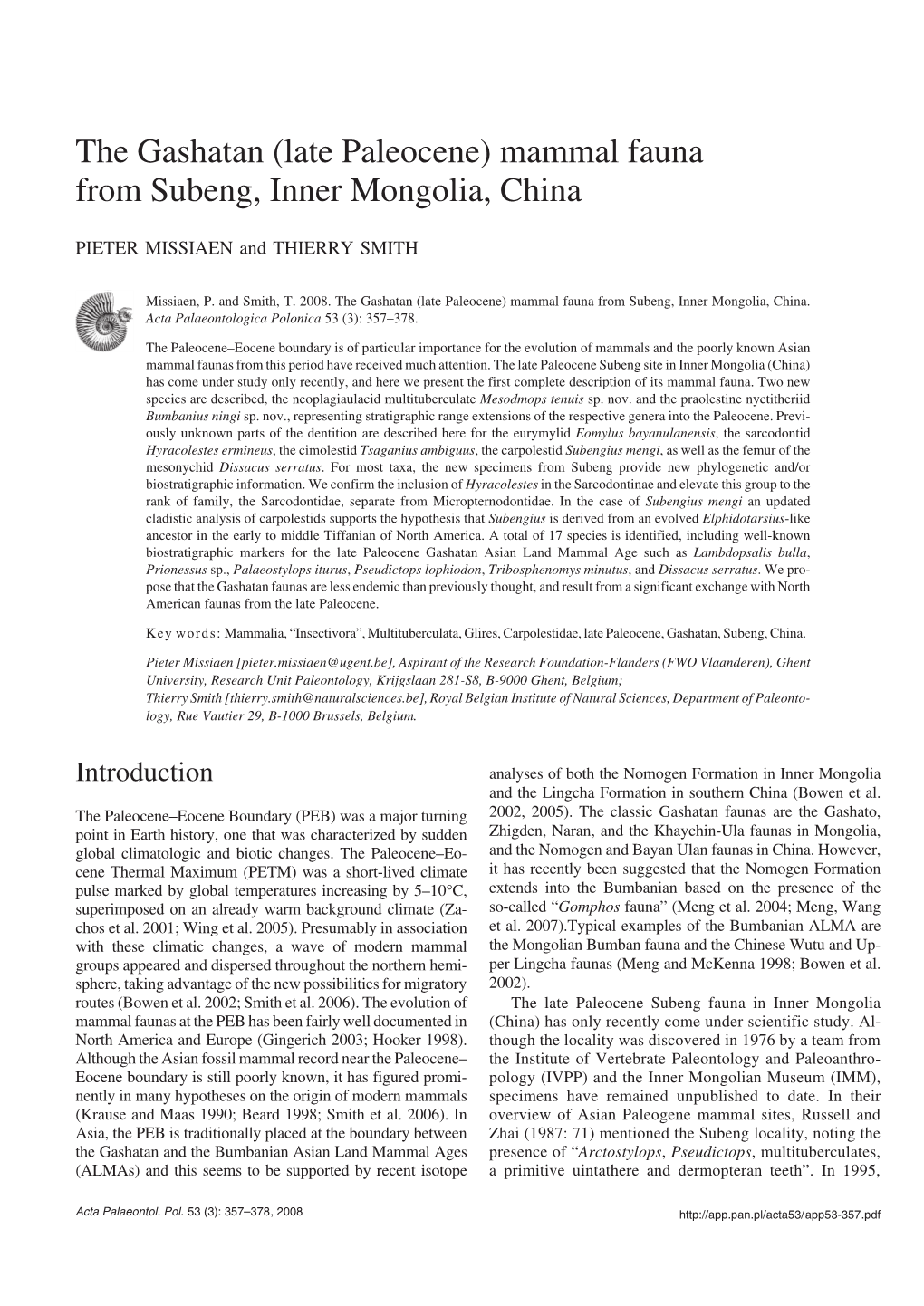 (Late Paleocene) Mammal Fauna from Subeng, Inner Mongolia, China