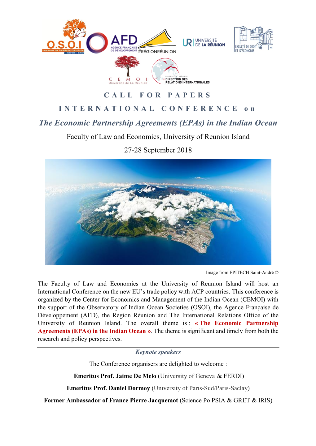 The Economic Partnership Agreements (Epas) in the Indian Ocean Faculty of Law and Economics, University of Reunion Island 27-28 September 2018