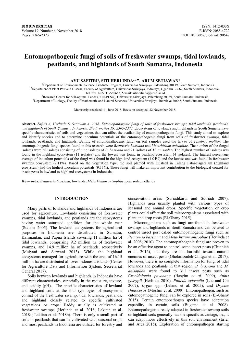 Entomopathogenic Fungi of Soils of Freshwater Swamps, Tidal Lowlands, Peatlands, and Highlands of South Sumatra, Indonesia