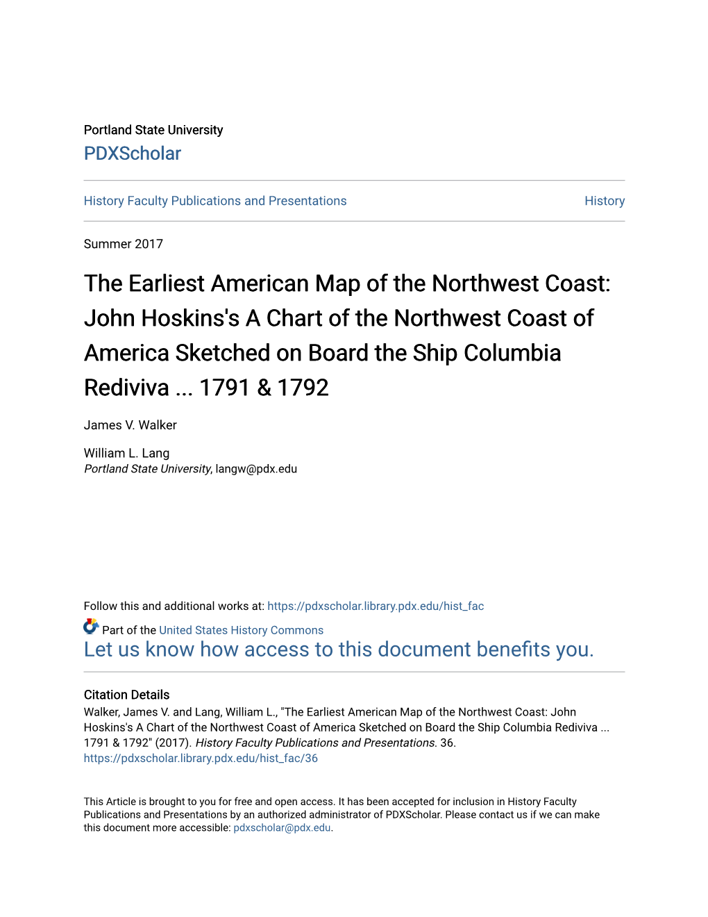 The Earliest American Map of the Northwest Coast: John Hoskins's a Chart of the Northwest Coast of America Sketched on Board the Ship Columbia Rediviva