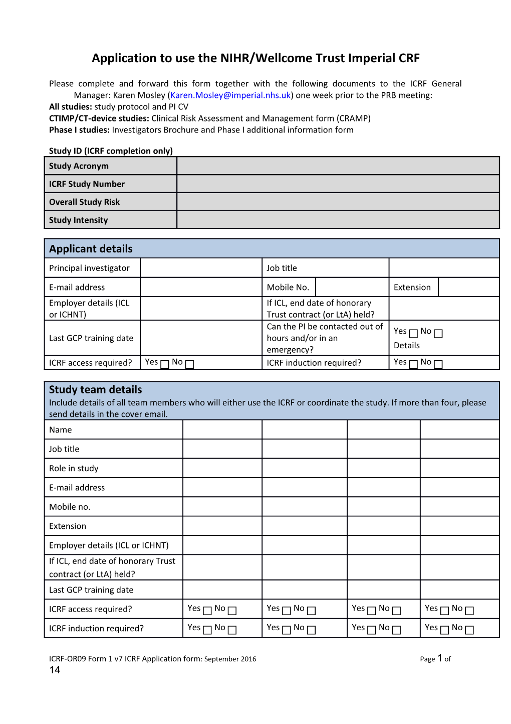 Application to Use the NIHR/Wellcome Trust Imperial CRF