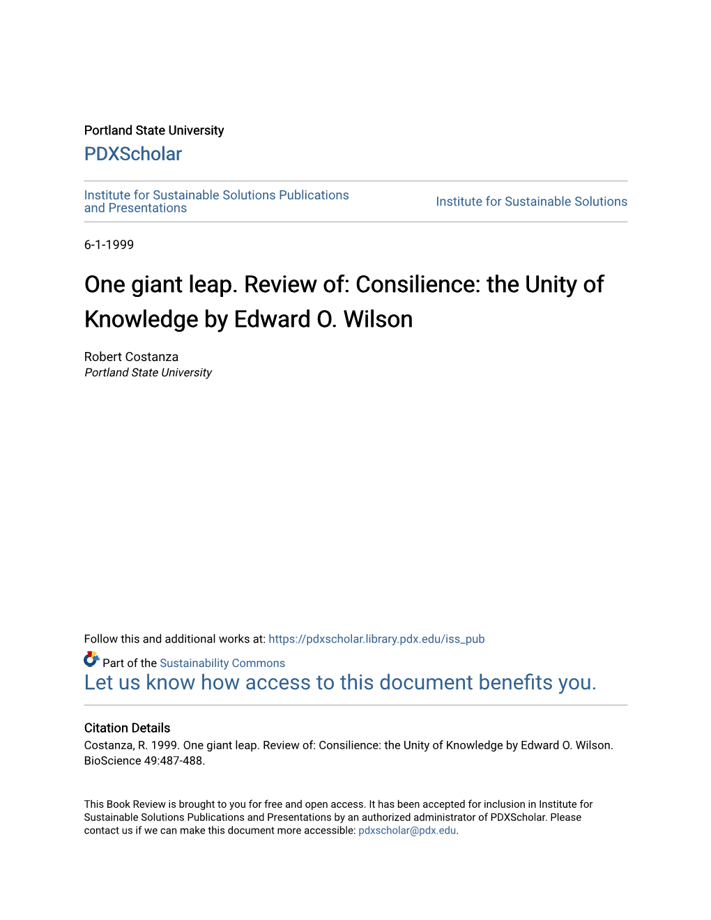 One Giant Leap. Review Of: Consilience: the Unity of Knowledge by Edward O