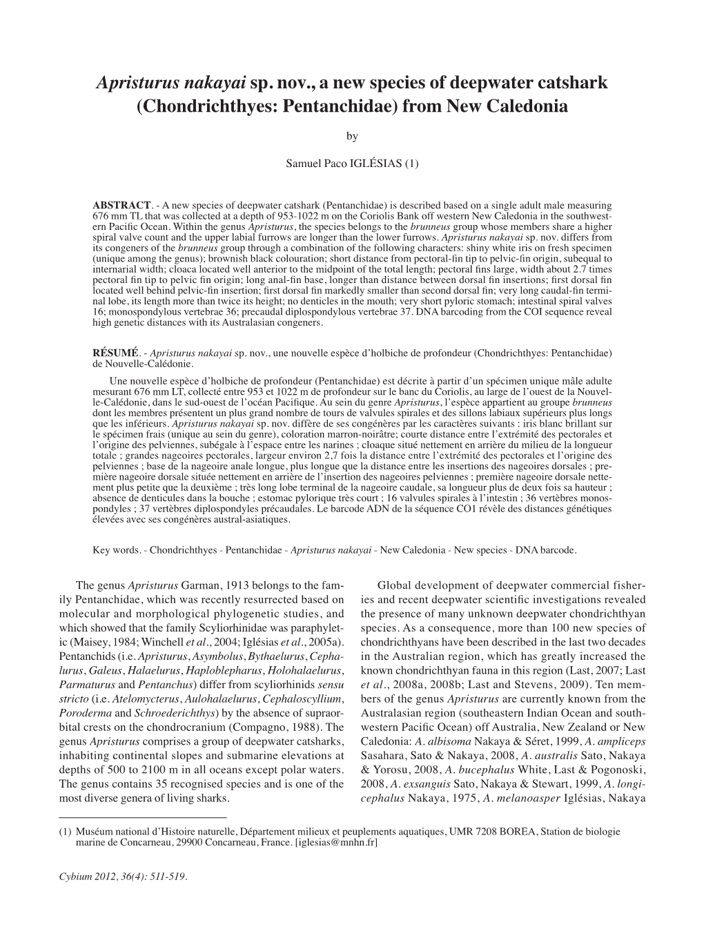 Apristurus Nakayai Sp. Nov., a New Species of Deepwater Catshark (Chondrichthyes: Pentanchidae) from New Caledonia