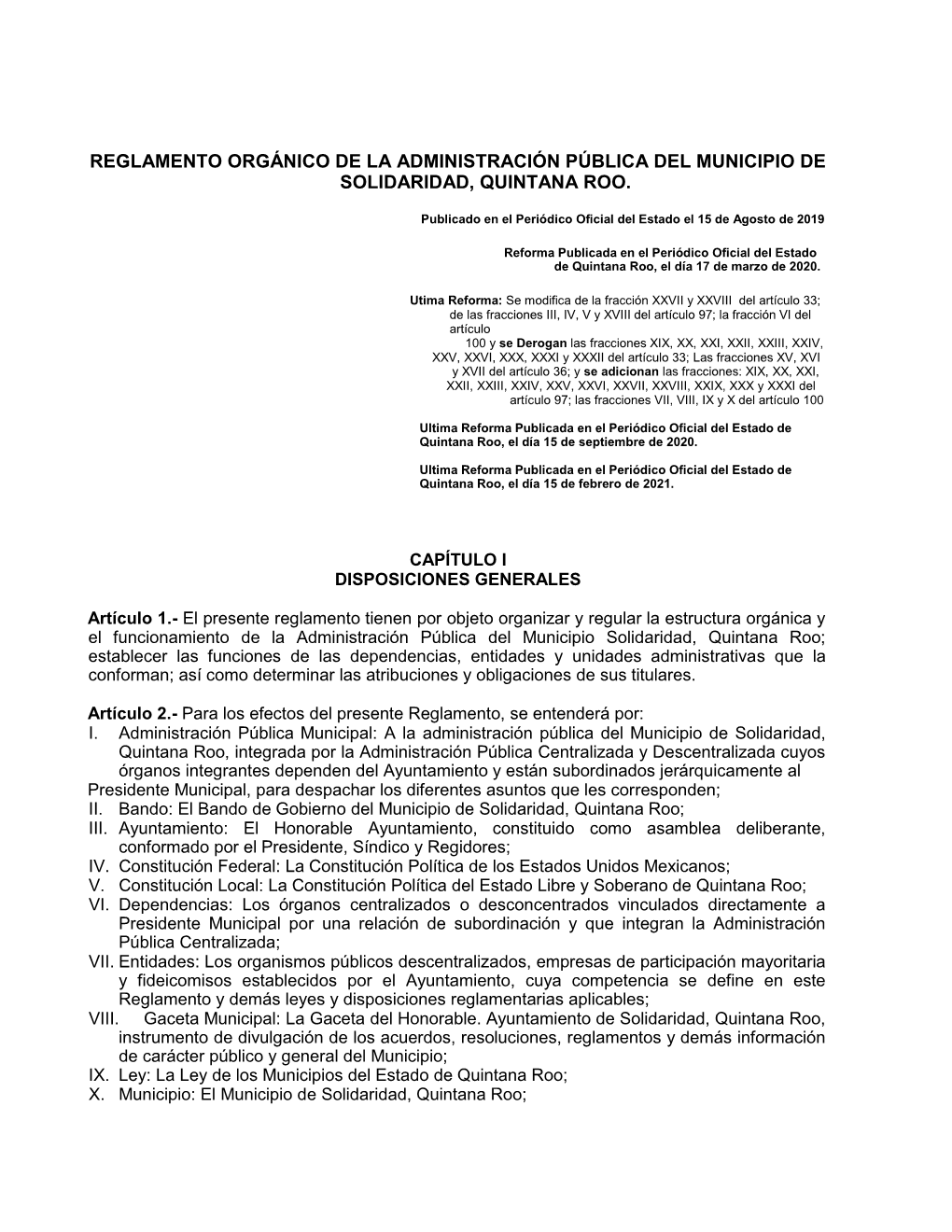 Reglamento Orgánico De La Administración Pública Del Municipio De Solidaridad, Quintana Roo