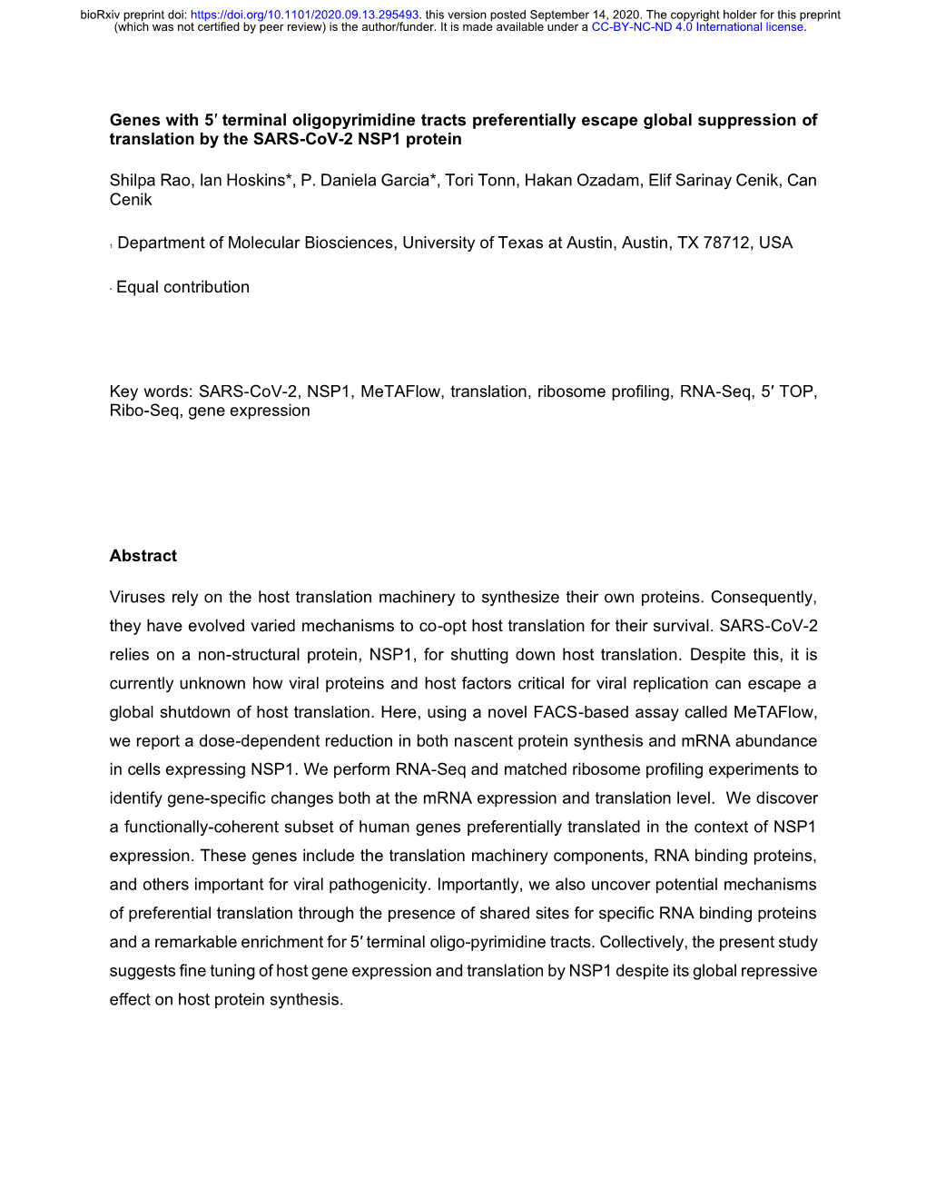 Genes with 5′ Terminal Oligopyrimidine Tracts Preferentially Escape Global Suppression of Translation by the SARS-Cov-2 NSP1 Protein