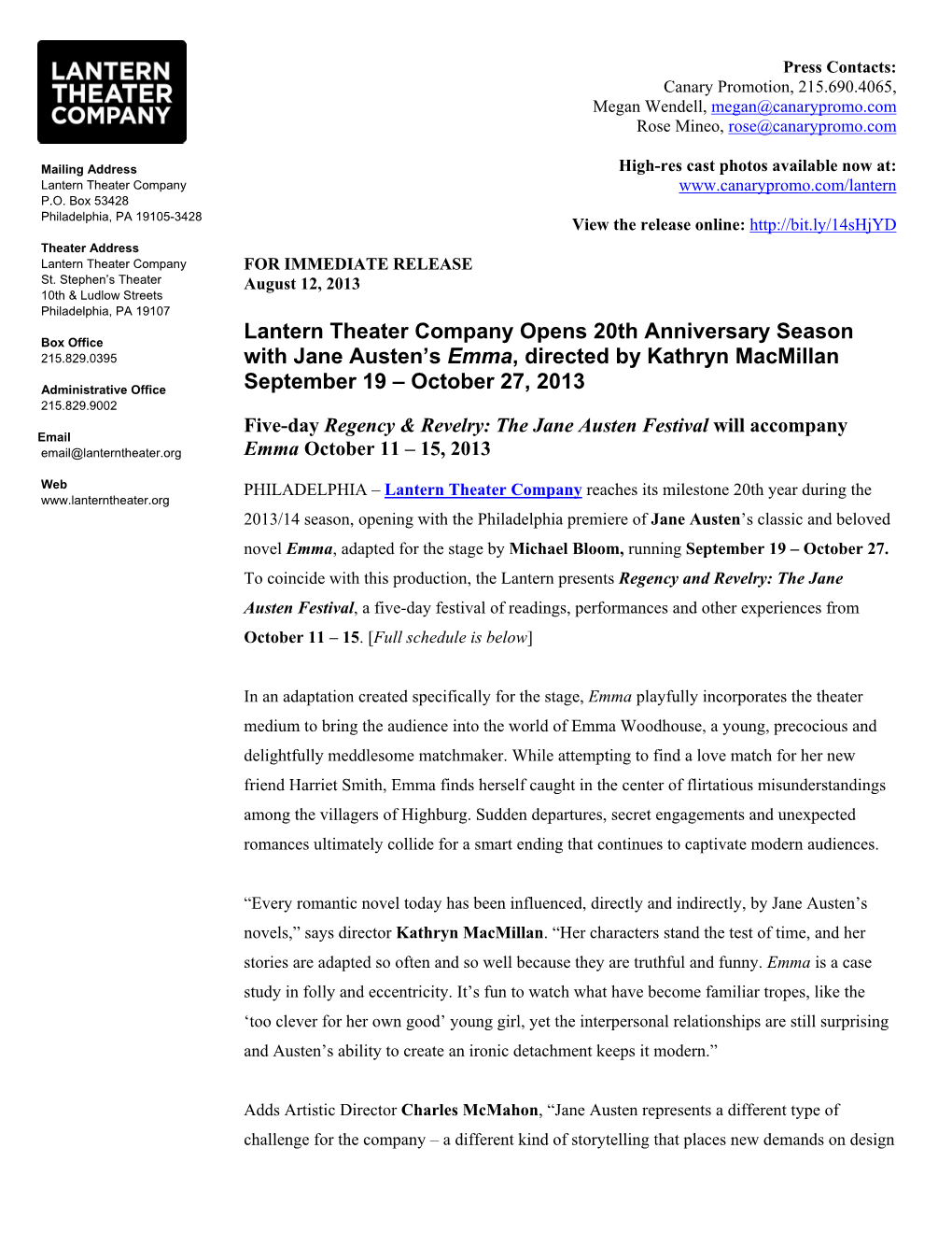 Lantern Theater Company Opens 20Th Anniversary Season with Jane