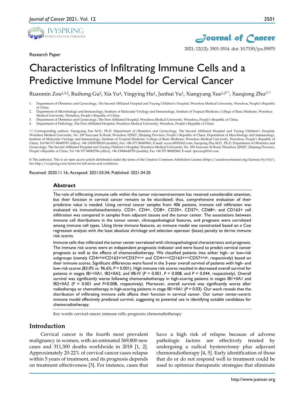 Characteristics of Infiltrating Immune Cells and a Predictive Immune