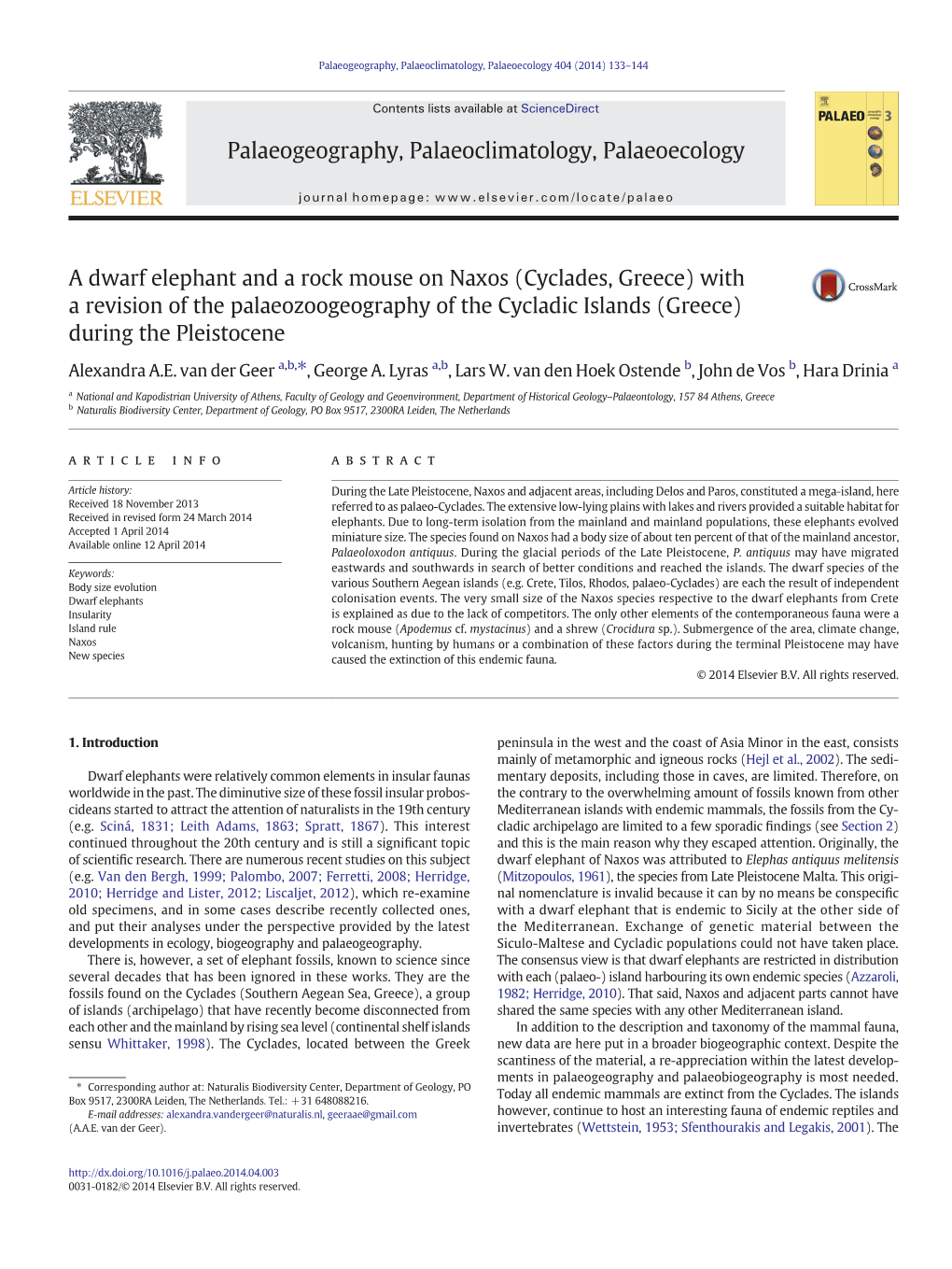 Cyclades, Greece) with a Revision of the Palaeozoogeography of the Cycladic Islands (Greece) During the Pleistocene