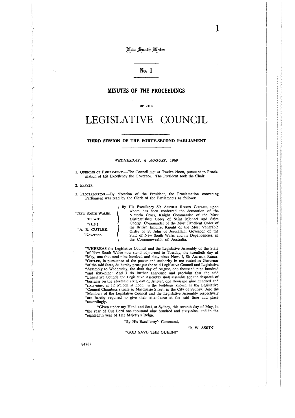 Legislative Council ! I I I Third Session of the Forty·Second Parliament I' I , I Wednesday, 6 August, 1969 I I 1