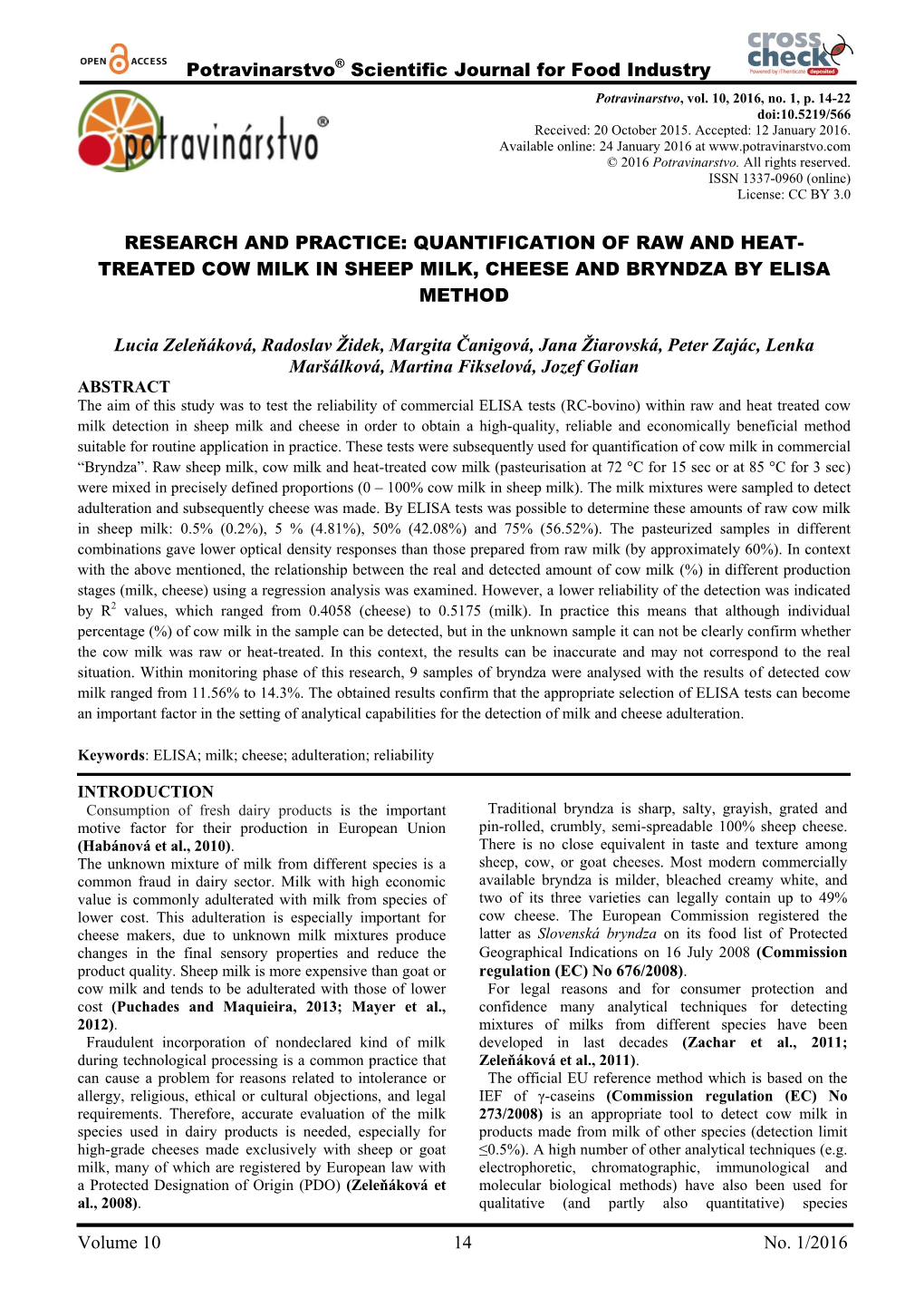 Potravinarstvo® Scientific Journal for Food Industry Volume 10 14 No. 1