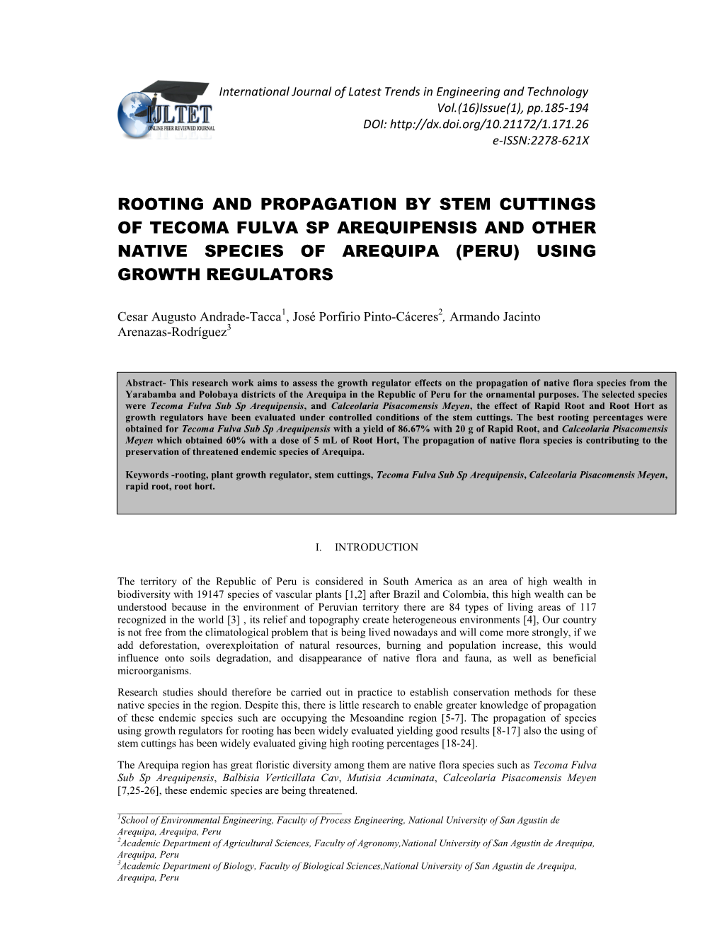 Rooting and Propagation by Stem Cuttings of Tecoma Fulva Sp Arequipensis and Other Native Species of Arequipa (Peru) Using Growth Regulators