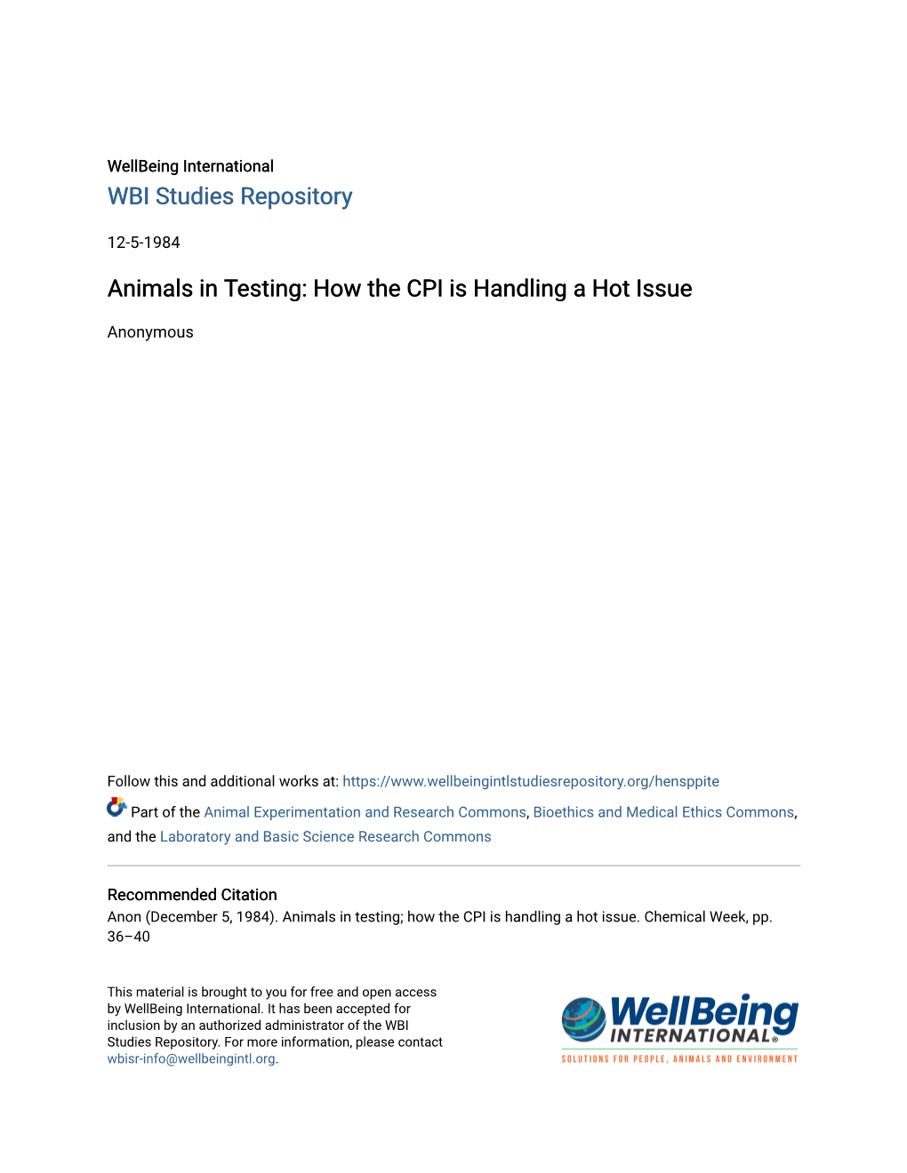 Animals in Testing: How the CPI Is Handling a Hot Issue