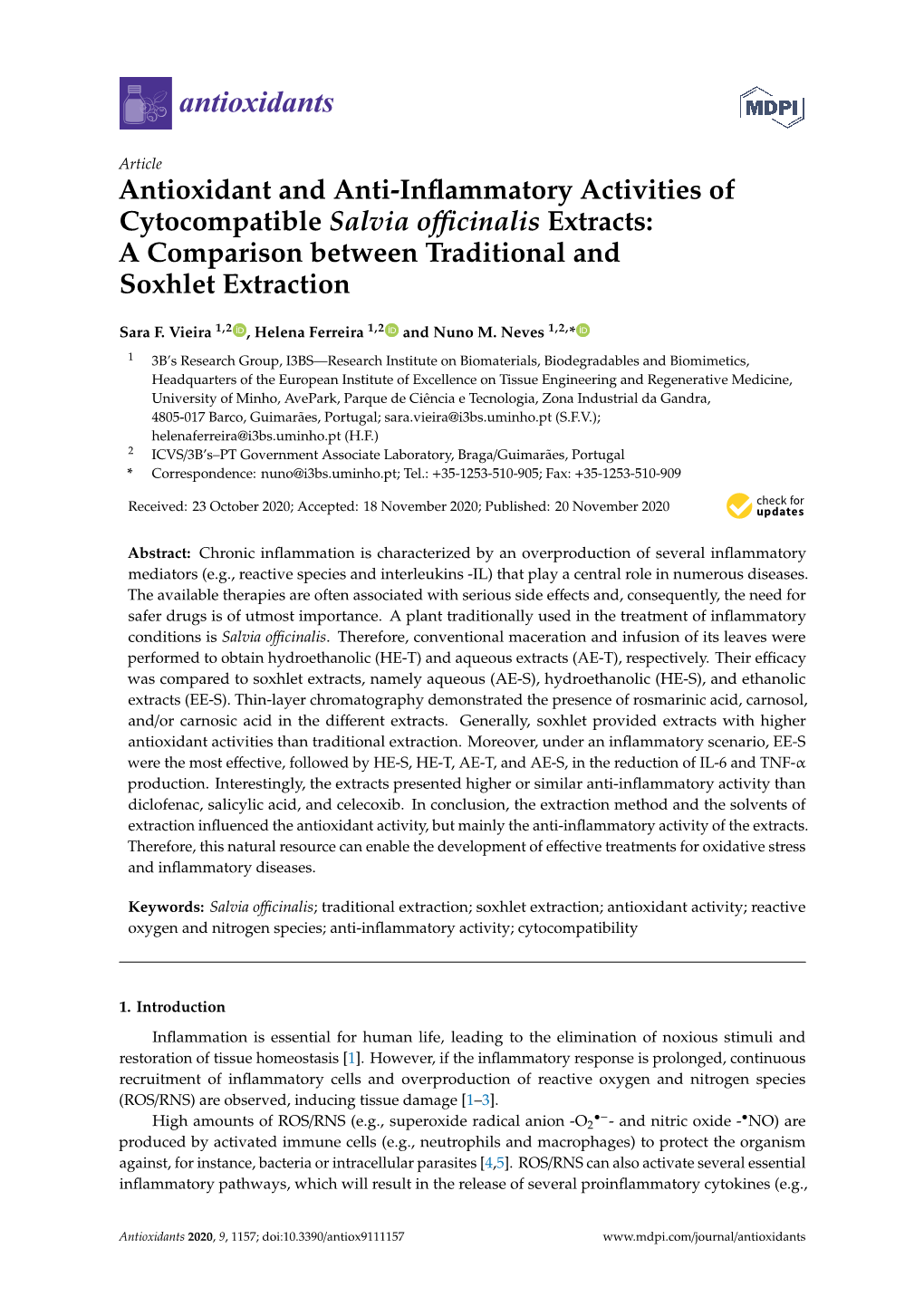 Antioxidant and Anti-Inflammatory Activities of Cytocompatible Salvia