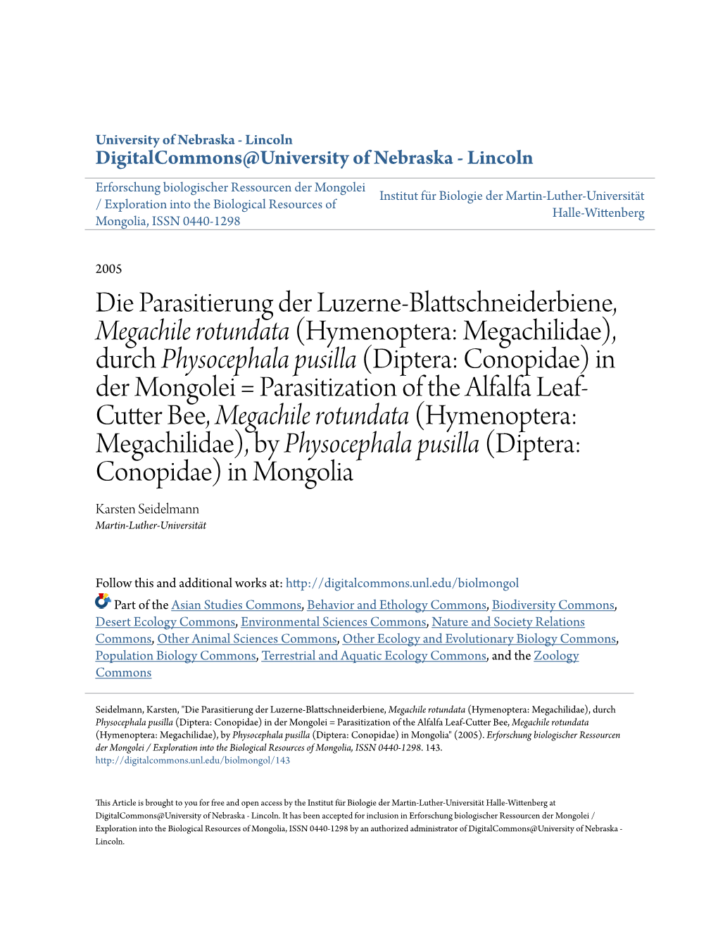 Die Parasitierung Der Luzerne-Blattschneiderbiene, <I>Megachile Rotundata</I> (Hymenoptera: Megachilidae), Durch <