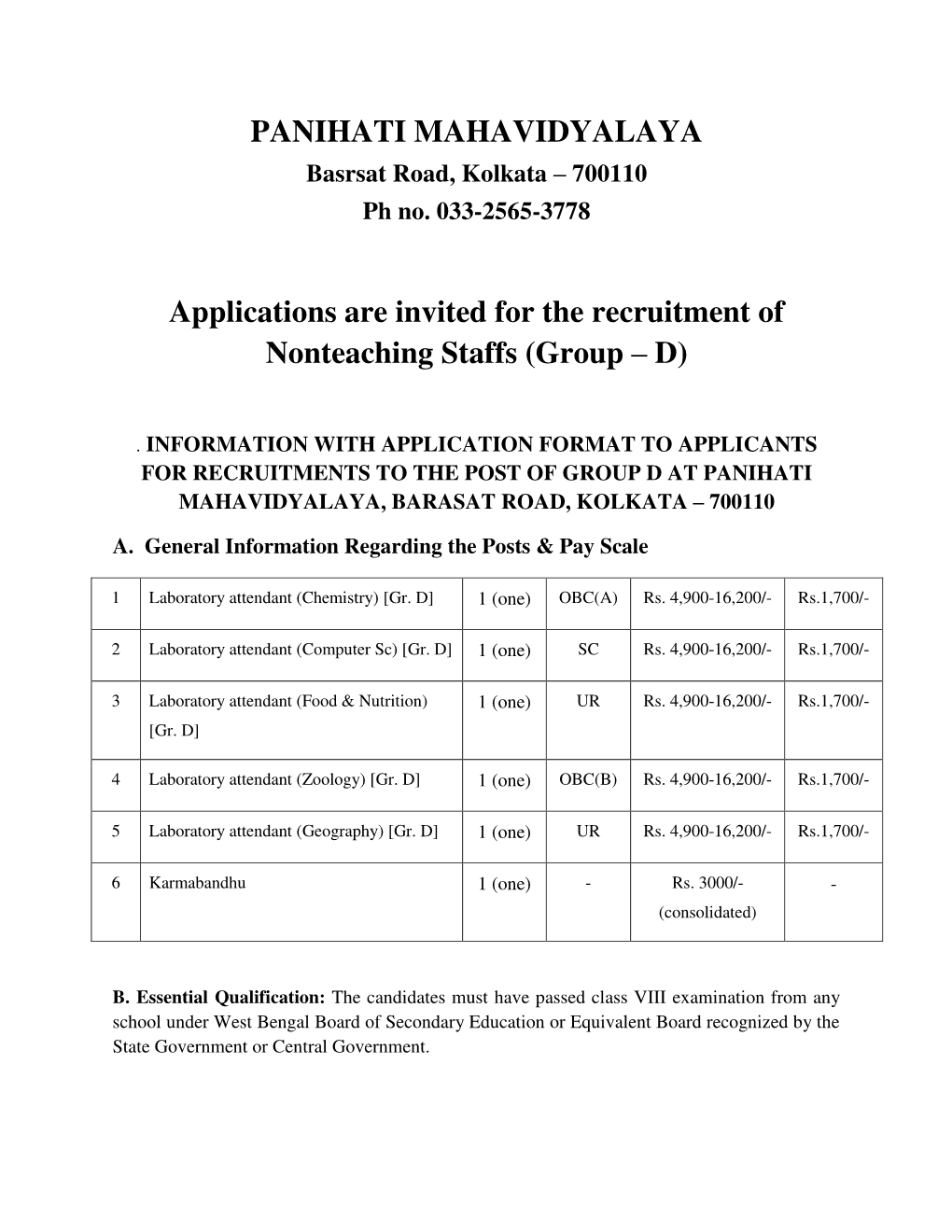 PANIHATI MAHAVIDYALAYA Applications Are Invited for The