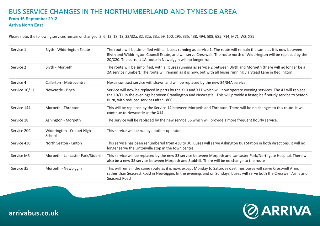 Arrivabus.Co.Uk BUS SERVICE CHANGES in the NORTHUMBERLAND and TYNESIDE AREA