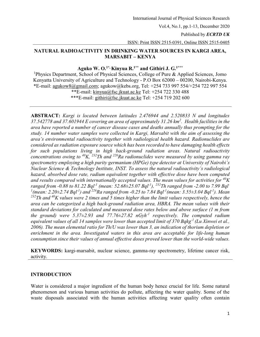 Natural Radioactivity in Drinking Water Sources in Kargi Area, Marsabit – Kenya