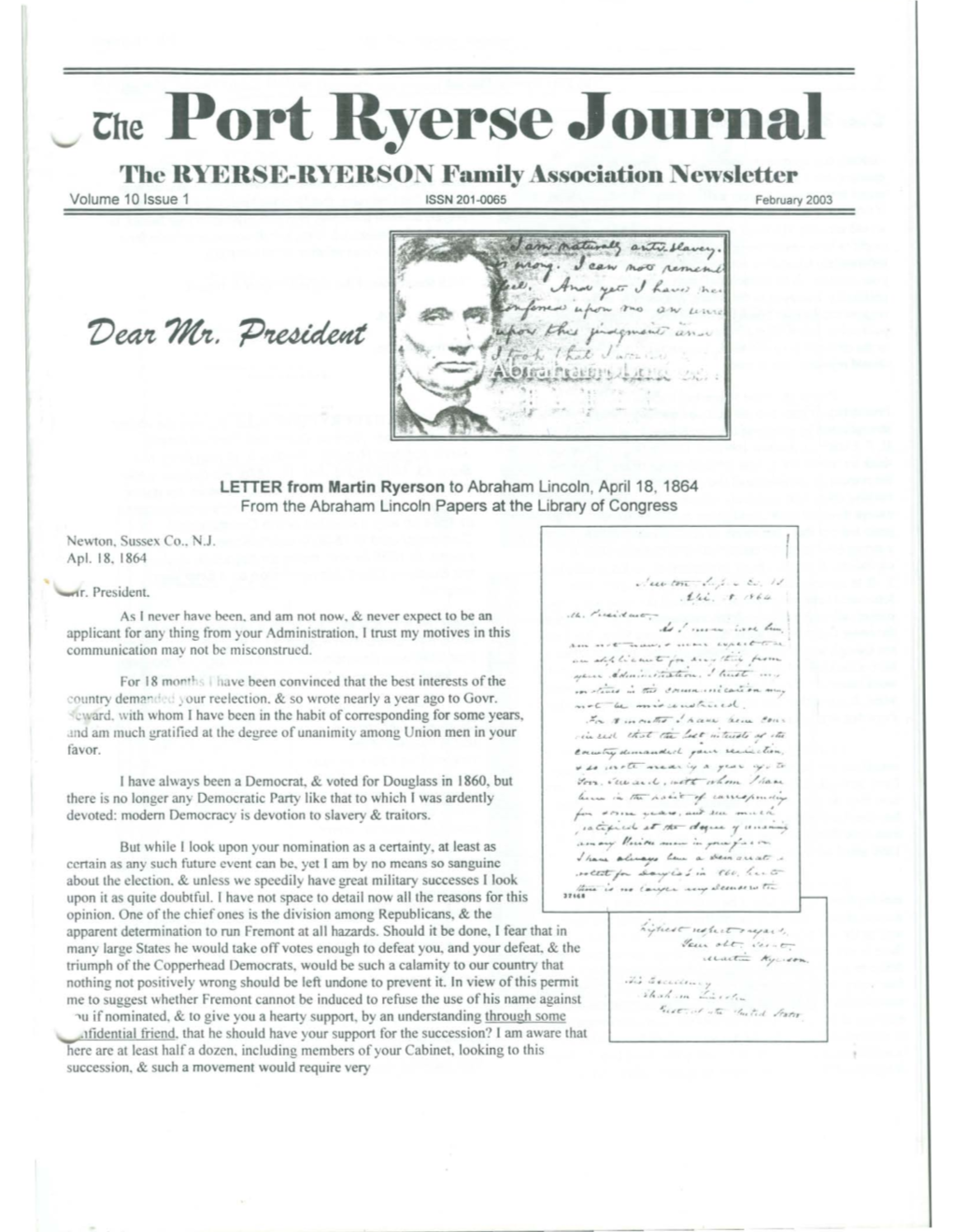 The Port Ryerse Journal the RYERSE-R,'ERSON Family Association Newsletter Volume 10 Issue 1 ISSN 201-0065 February 2003