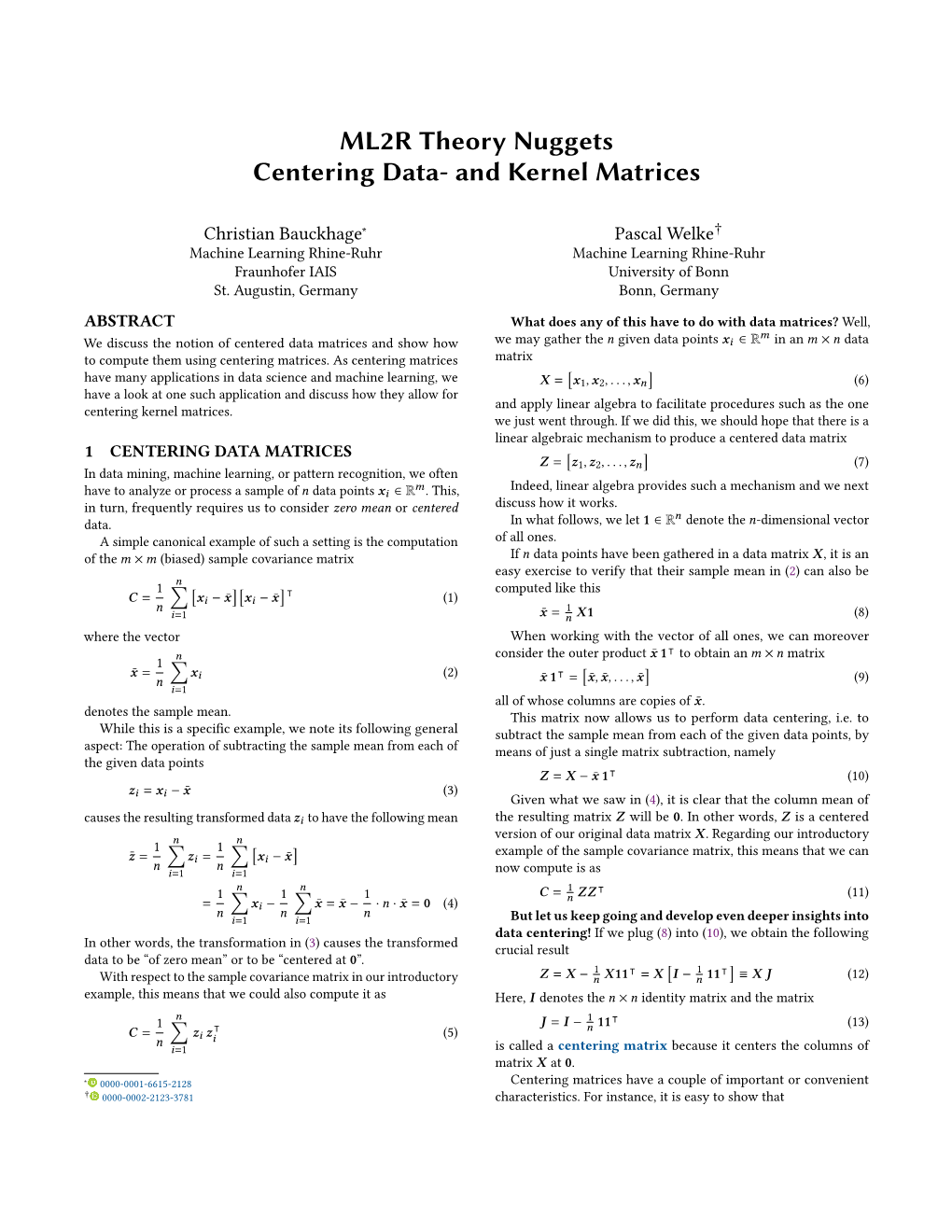 ML2R Theory Nuggets Centering Data- and Kernel Matrices