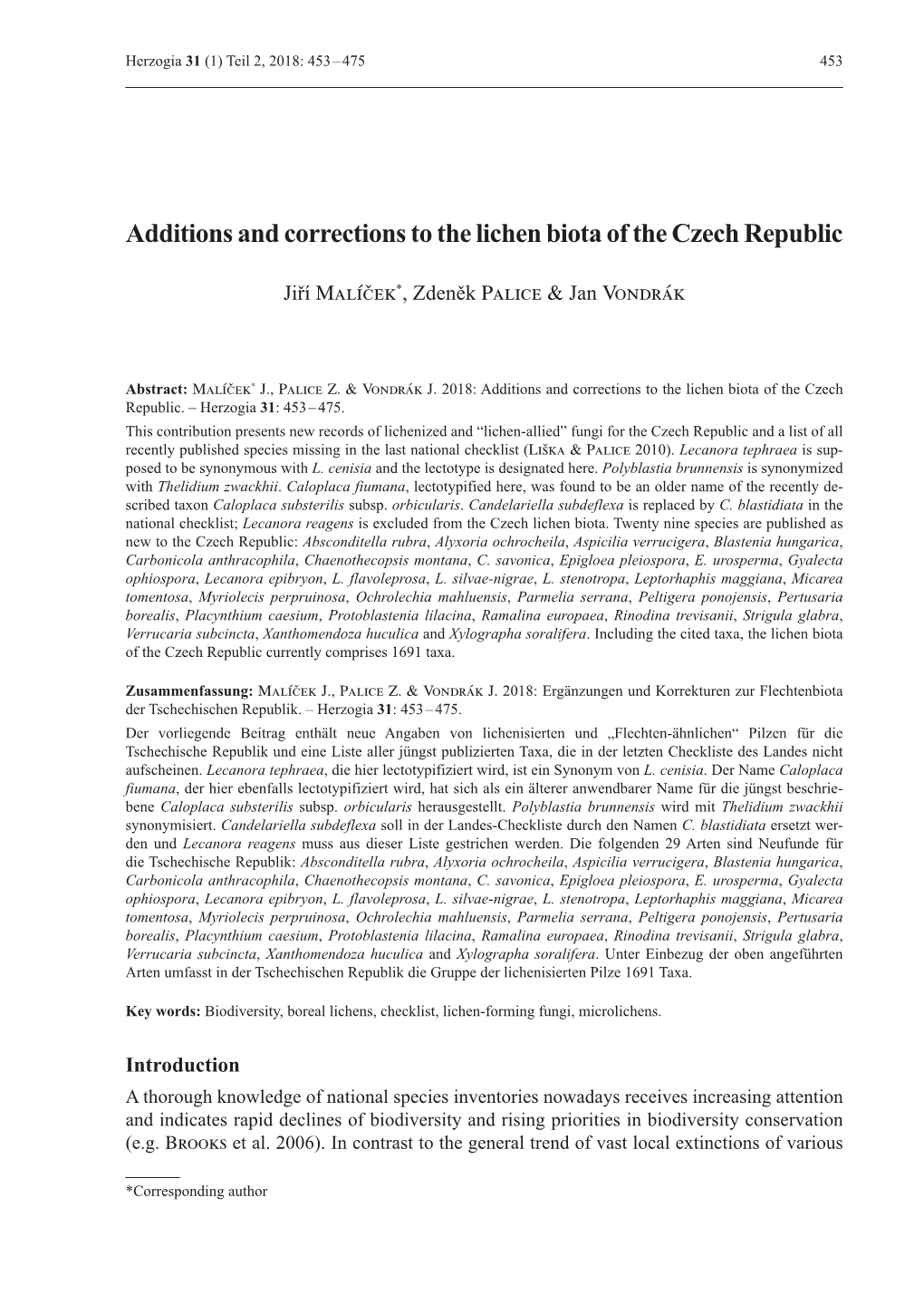 Additions and Corrections to the Lichen Biota of the Czech Republic