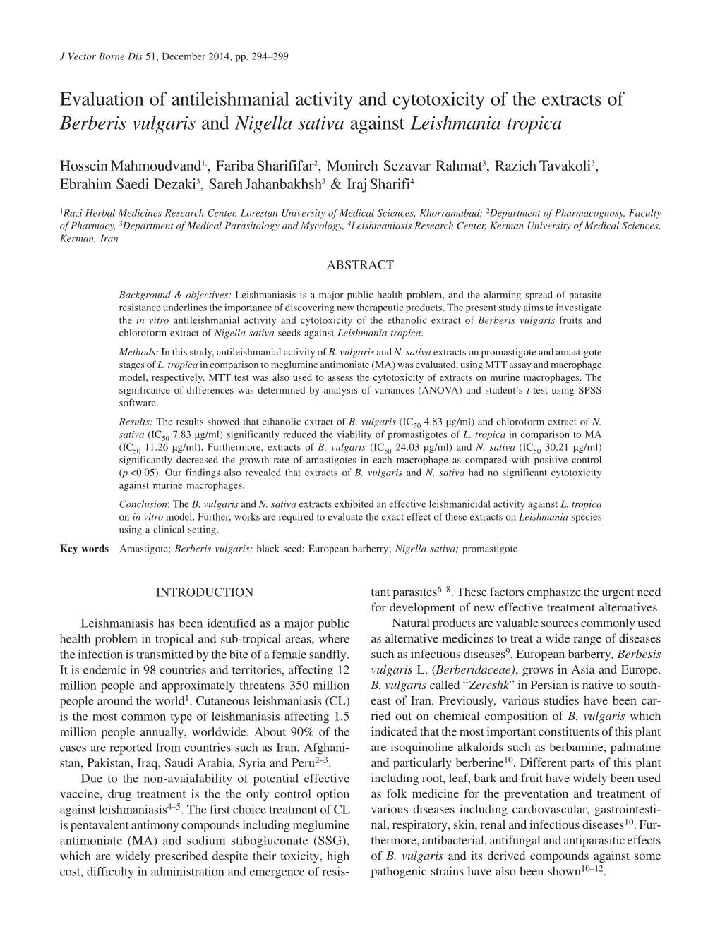 Evaluation of Antileishmanial Activity and Cytotoxicity of the Extracts of Berberis Vulgaris and Nigella Sativa Against Leishmania Tropica