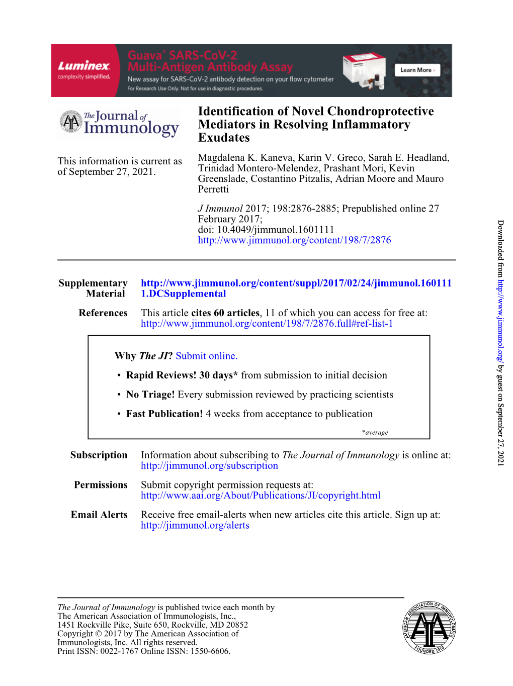 Identification of Novel Chondroprotective Mediators in Resolving Inflammatory Exudates