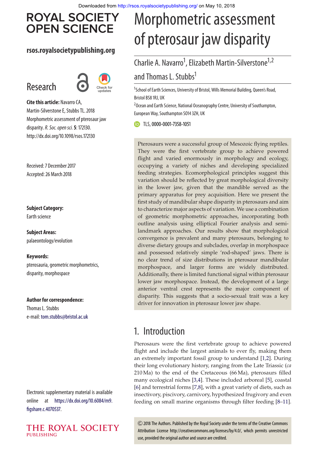 Morphometric Assessment of Pterosaur Jaw Disparity Rsos.Royalsocietypublishing.Org Charlie A