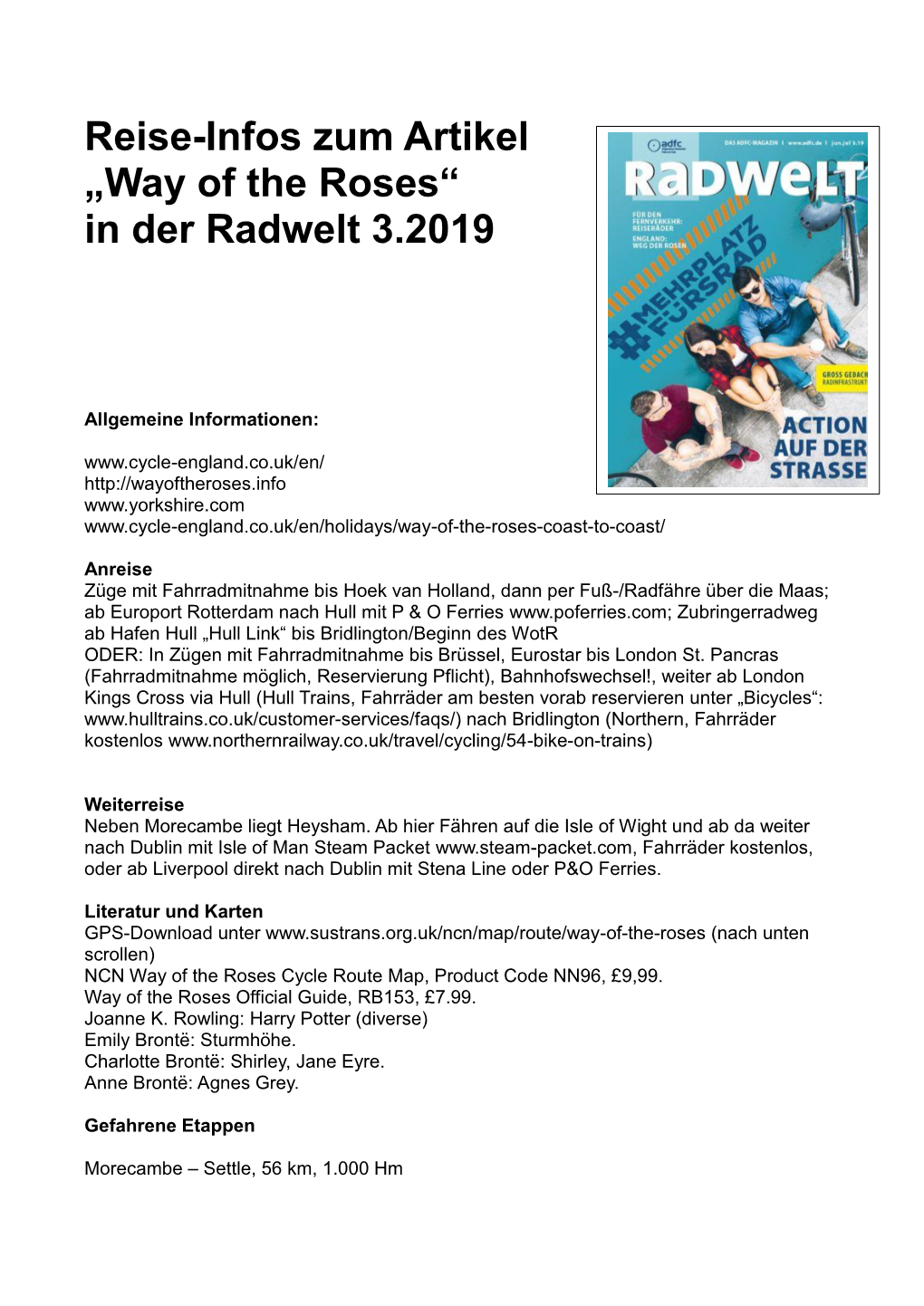 Reise-Infos Zum Artikel „Way of the Roses“ in Der Radwelt 3.2019