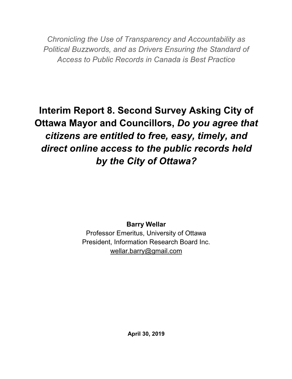 Interim Report 8. Second Survey Asking City of Ottawa