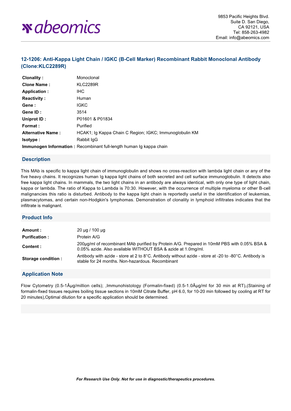 Anti-Kappa Light Chain / IGKC (B-Cell Marker) Recombinant Rabbit Monoclonal Antibody (Clone:KLC2289R)