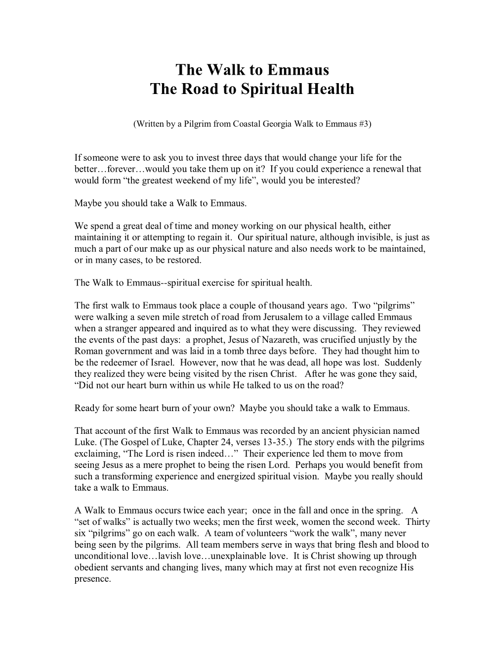 The Walk to Emmaus the Road to Spiritual Health