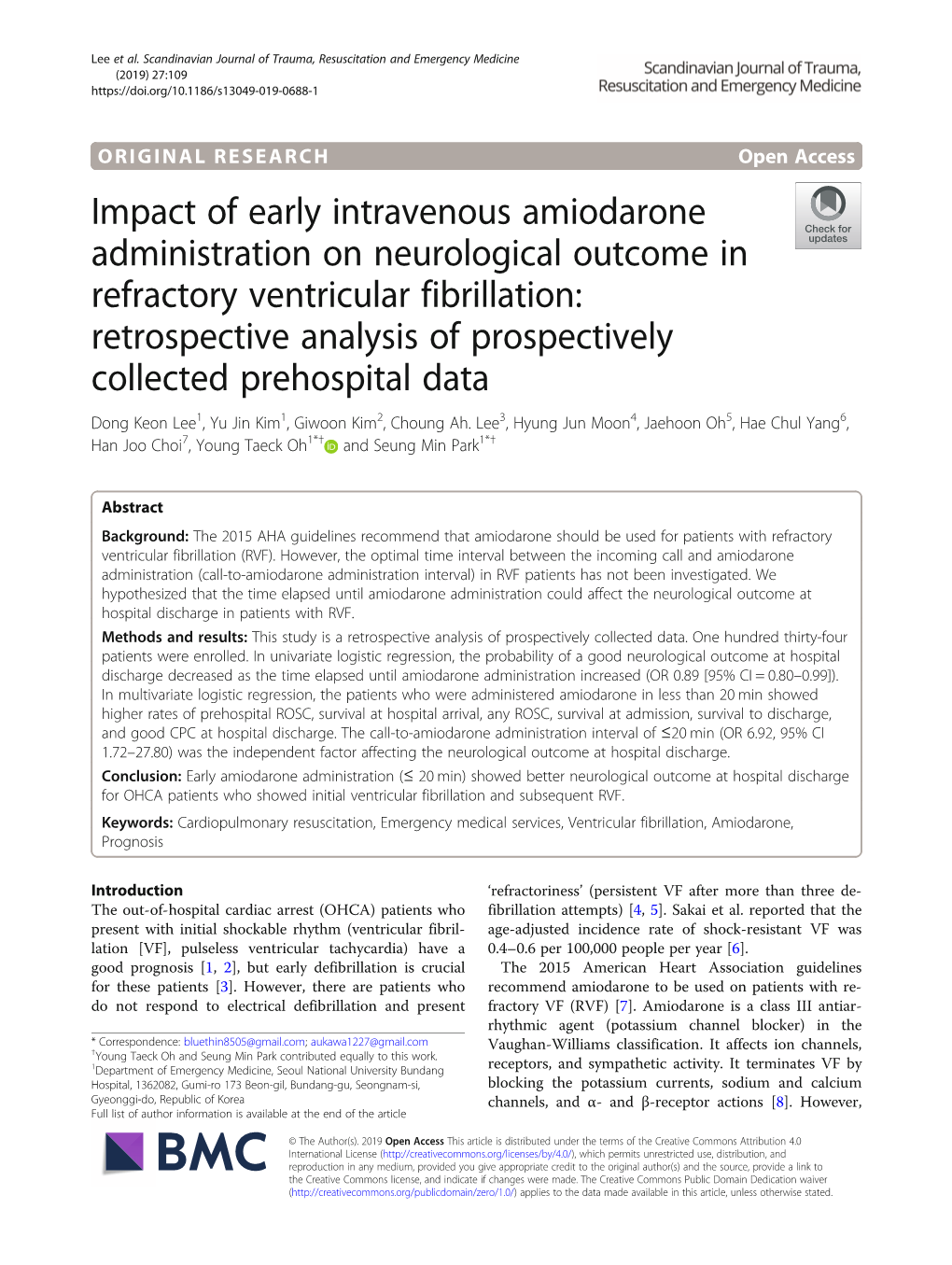 Impact of Early Intravenous Amiodarone Administration on Neurological Outcome in Refractory Ventricular Fibrillation: Retrospect